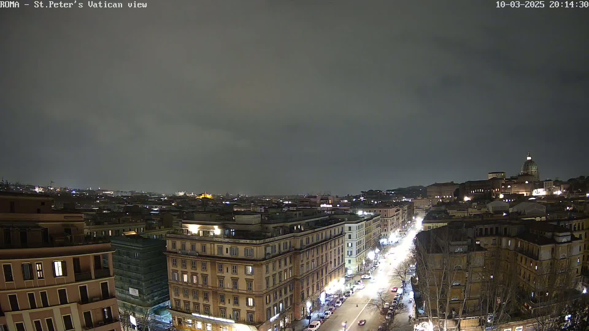 A nighttime cityscape view of Rome, under a cloudy sky, shows a street lined with buildings and illuminated by streetlights.