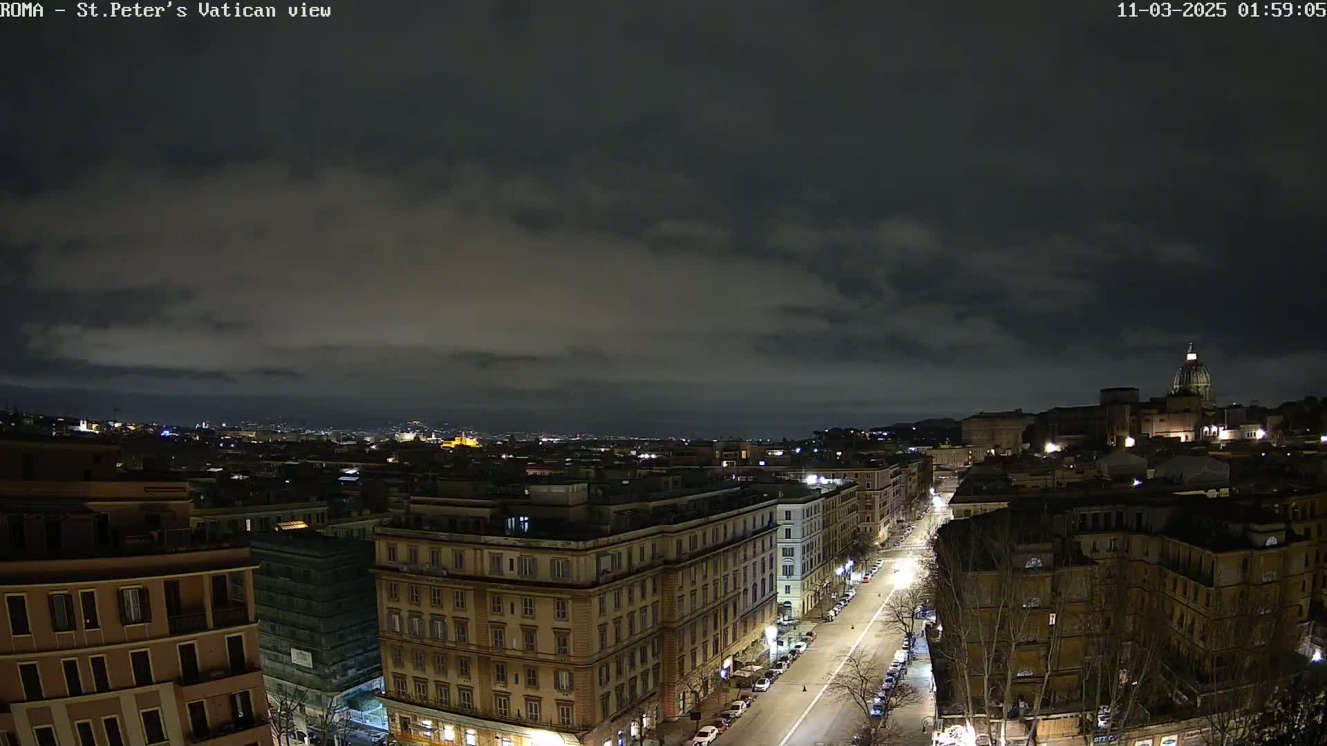A nighttime, overcast view of a city, showing a street lined with buildings, with other city lights visible in the distance, and a large dome-shaped structure in the far right.