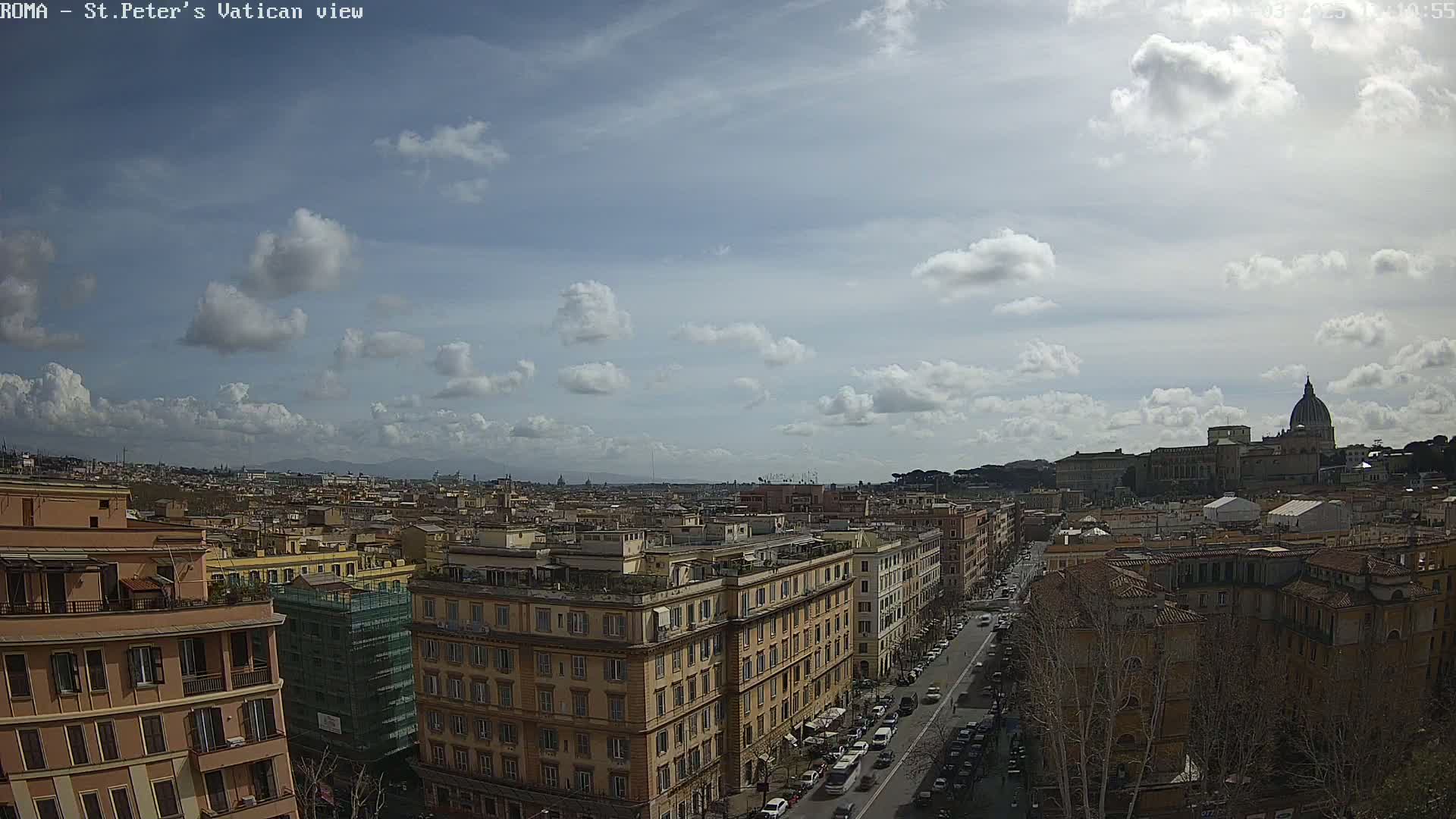 A partly cloudy day reveals a panoramic view of Rome, Italy, showing buildings, streets, and the dome of St. Peter's Basilica in the distance.