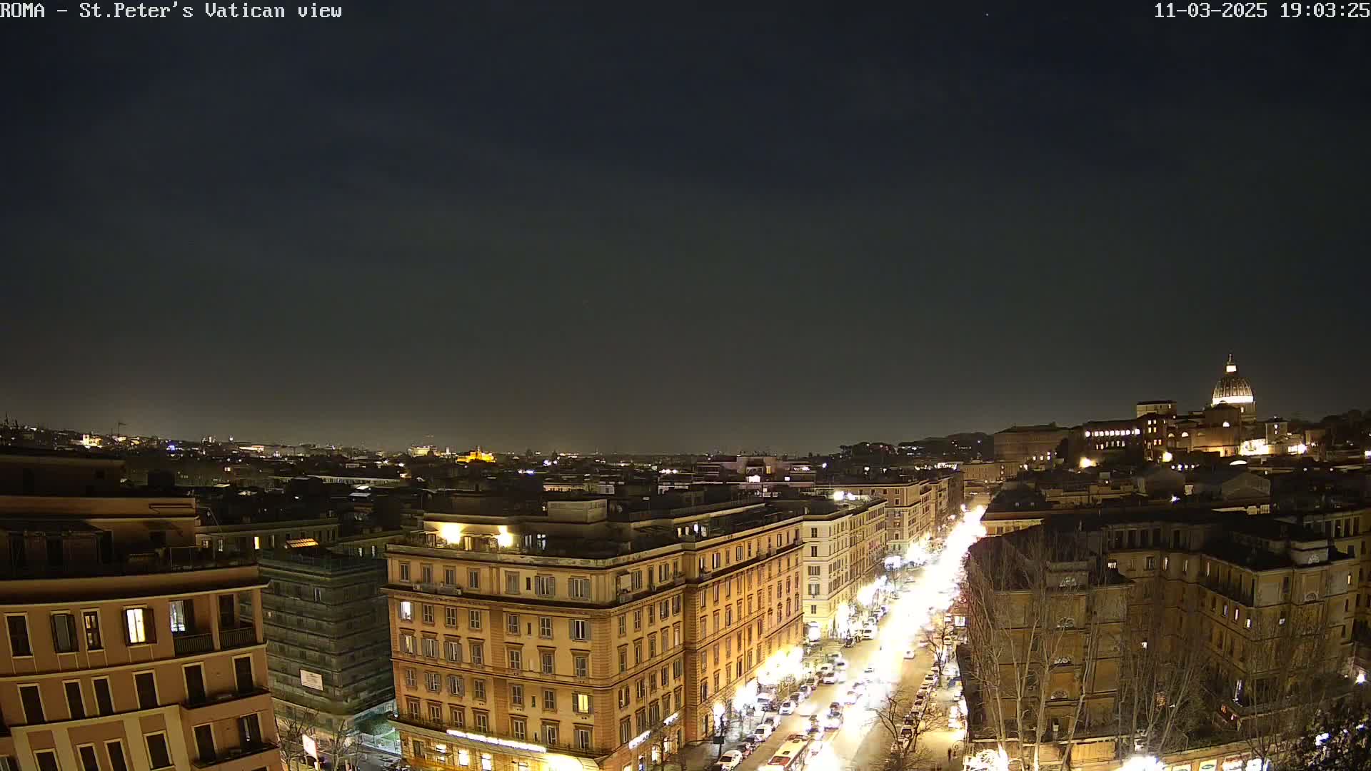 A nighttime, high-angle view of a city street in Rome, Italy, showing illuminated buildings and traffic, with St. Peter's Basilica visible in the distance under a clear, dark sky.