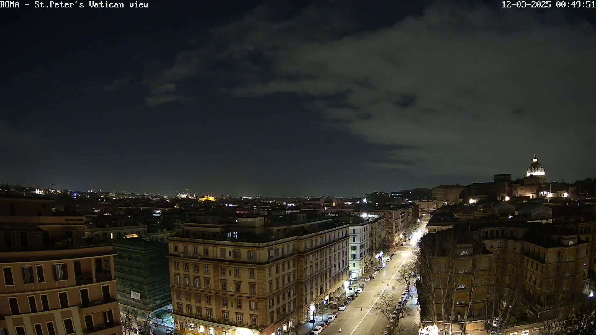 A nighttime, cloudy view of a city with buildings illuminated, featuring a large dome-shaped structure in the distance.