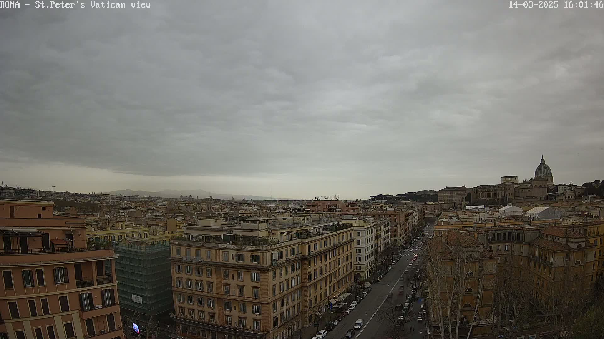 A wide shot of a cityscape under an overcast sky, showing numerous buildings and streets, with St. Peter's Basilica visible in the distance.