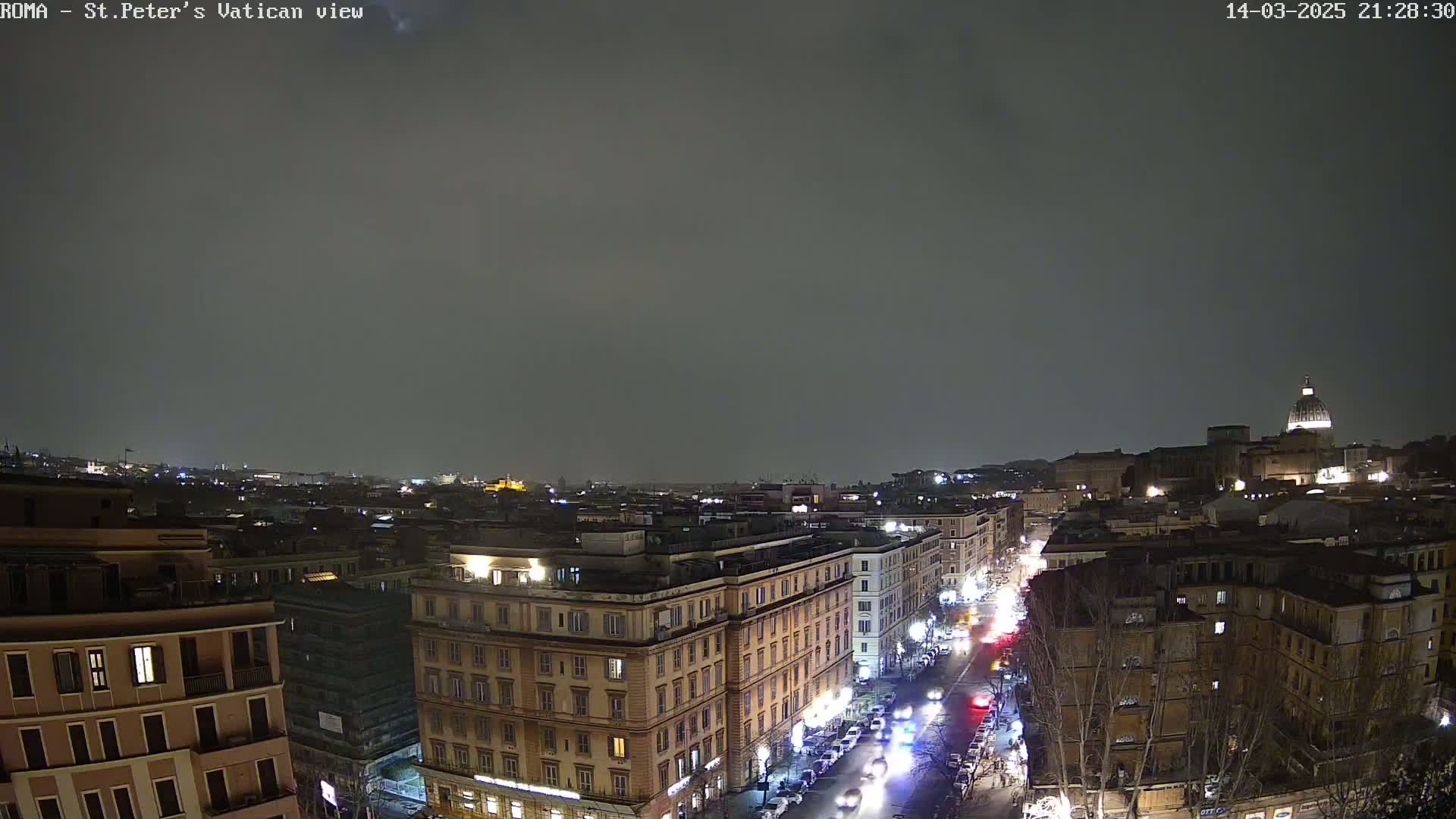 A nighttime, overcast view of a city, showing a street with cars and buildings, with the dome of a large building visible in the distance.