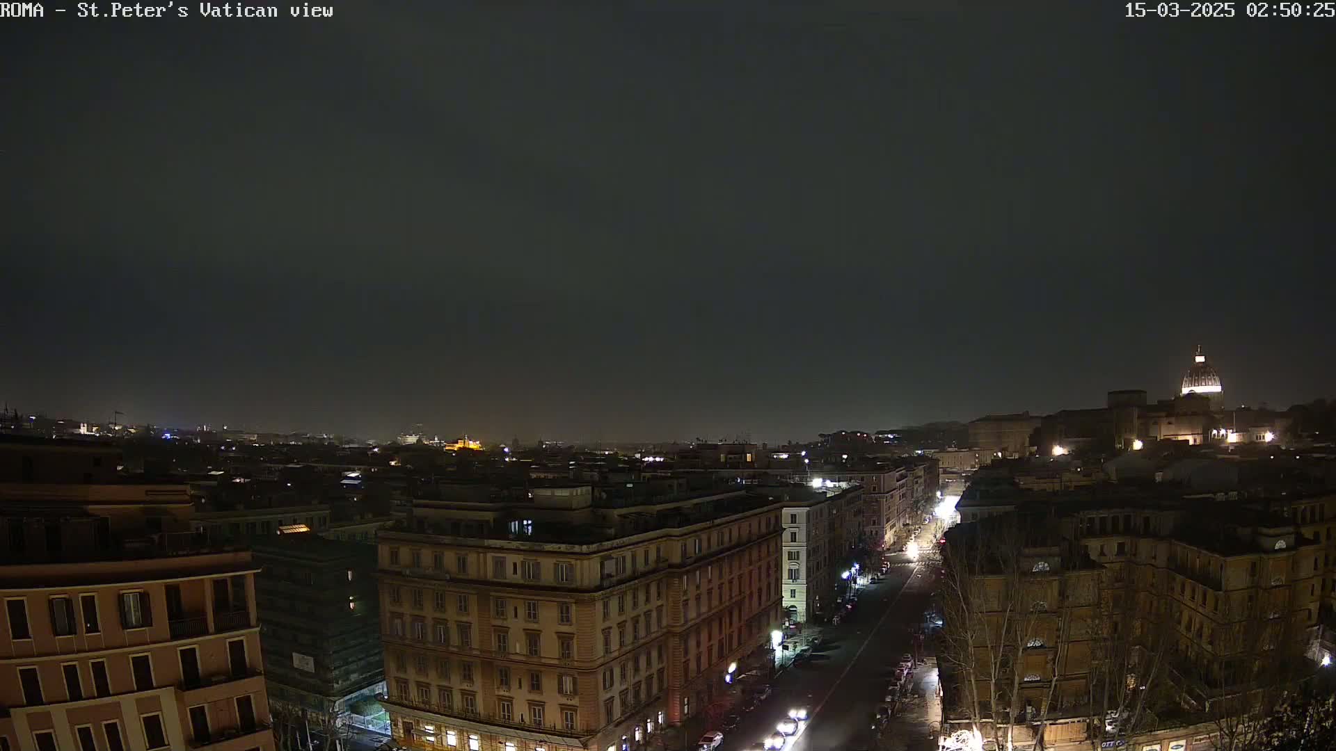 A nighttime, high-angle view of a city, showing a street with cars and buildings, with St. Peter's Basilica visible in the distance under a dark sky.