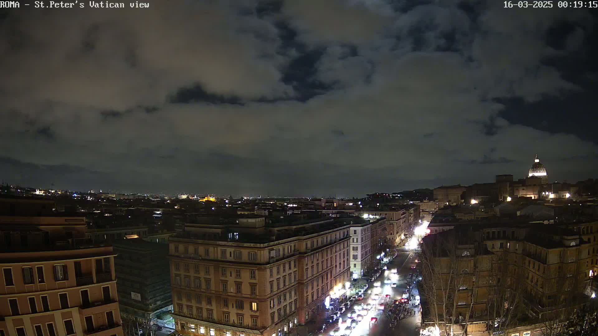 A nighttime view of Rome, under a cloudy sky, shows city buildings and streets with traffic, with St. Peter's Basilica visible in the distance.