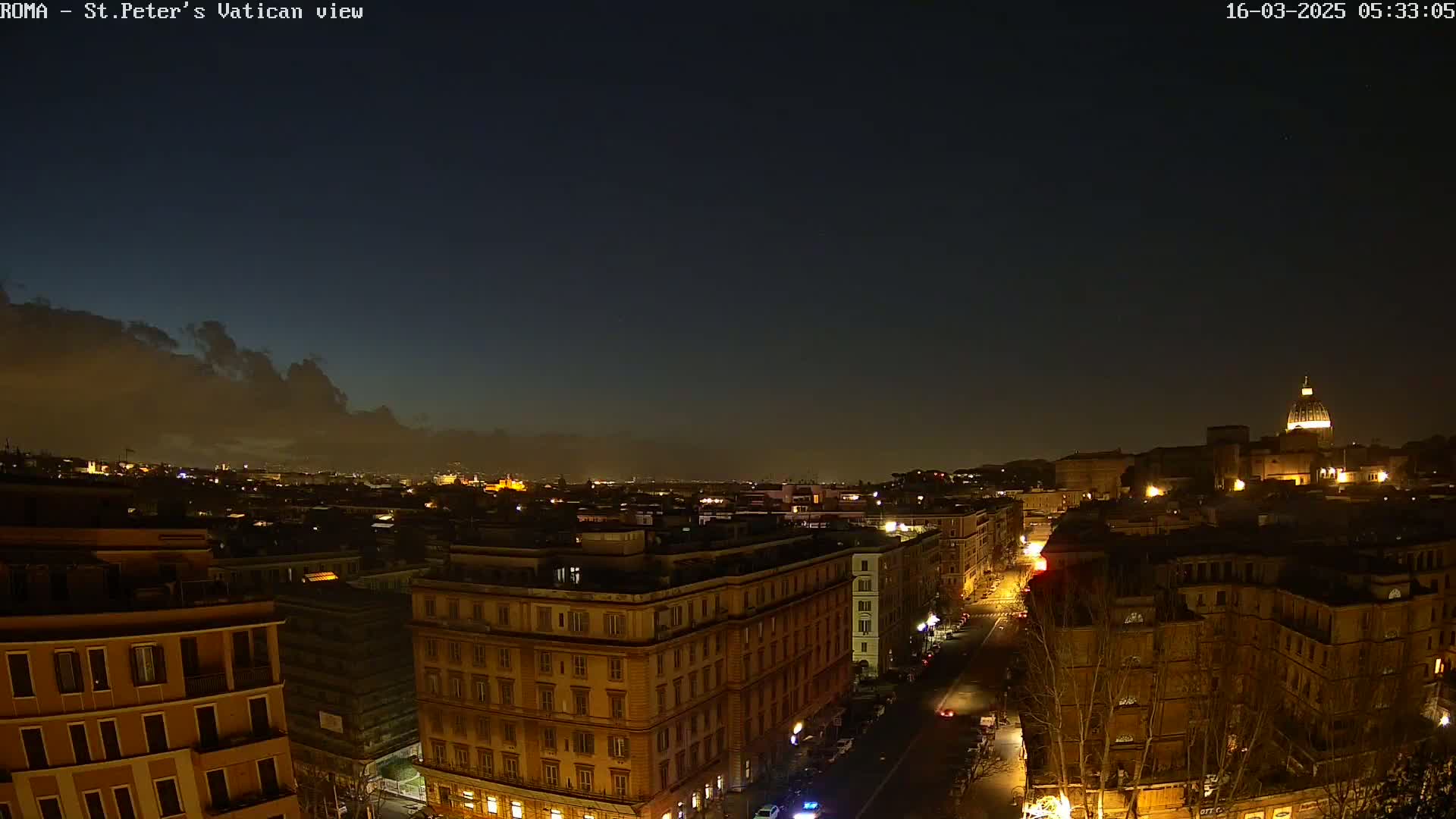 A nighttime, city view shows a cityscape illuminated with streetlights under a dark sky with some clouds.