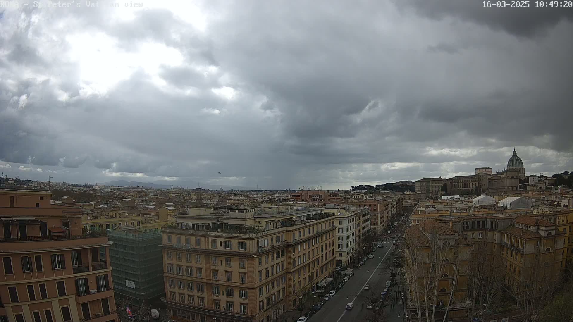 A view of Rome, Italy under a cloudy sky, showing a cityscape with buildings and the dome of St. Peter's Basilica in the distance.