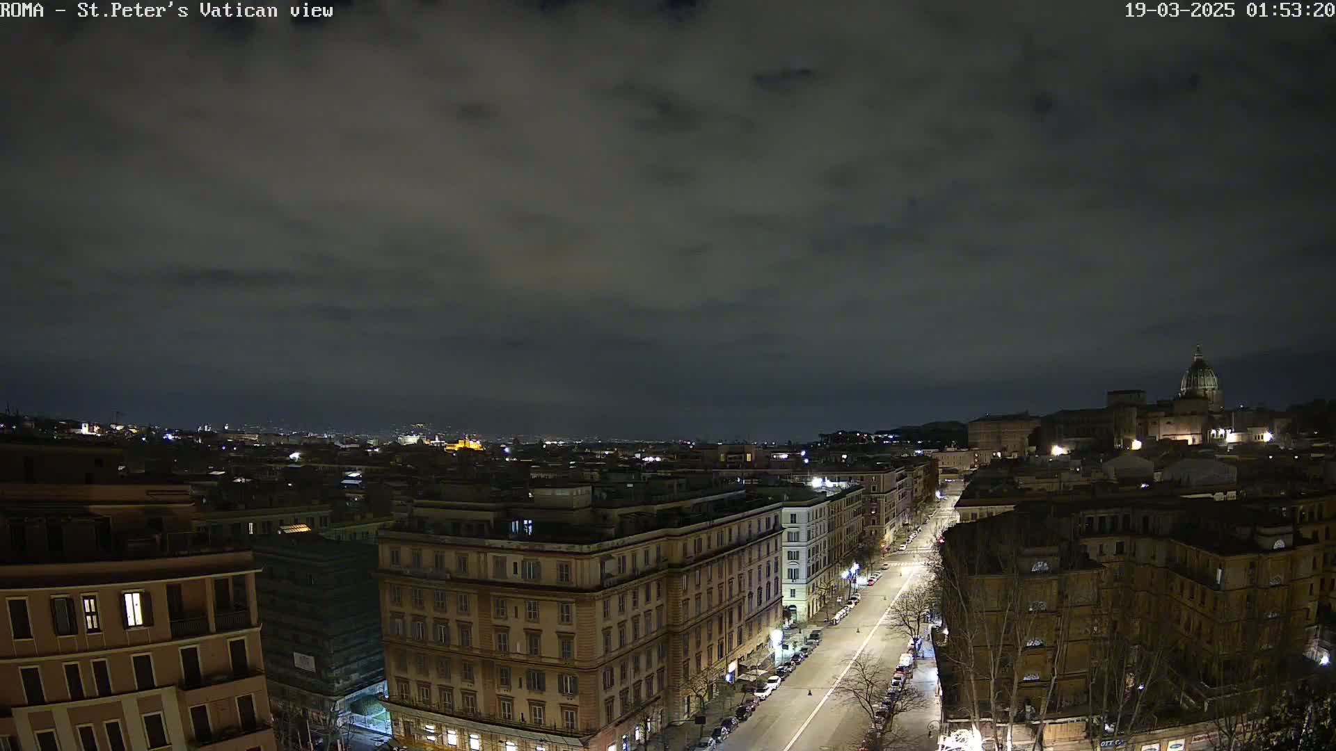 A nighttime, overcast view of a city street lined with buildings, leading towards a distant dome-shaped structure under a dark, cloudy sky.