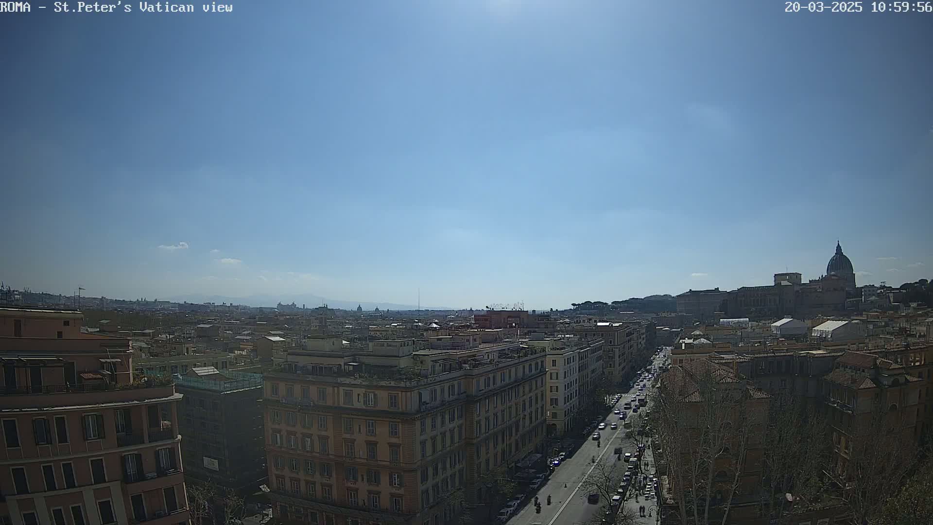 A sunny cityscape view of Rome, Italy, showing St. Peter's Basilica in the distance and a street scene with cars and buildings in the foreground.