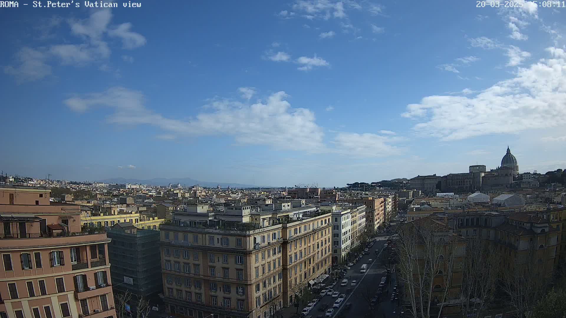 A mostly sunny day reveals a panoramic view of Rome, Italy, showcasing a cityscape with numerous buildings, a street with traffic, and St. Peter's Basilica in the distance.