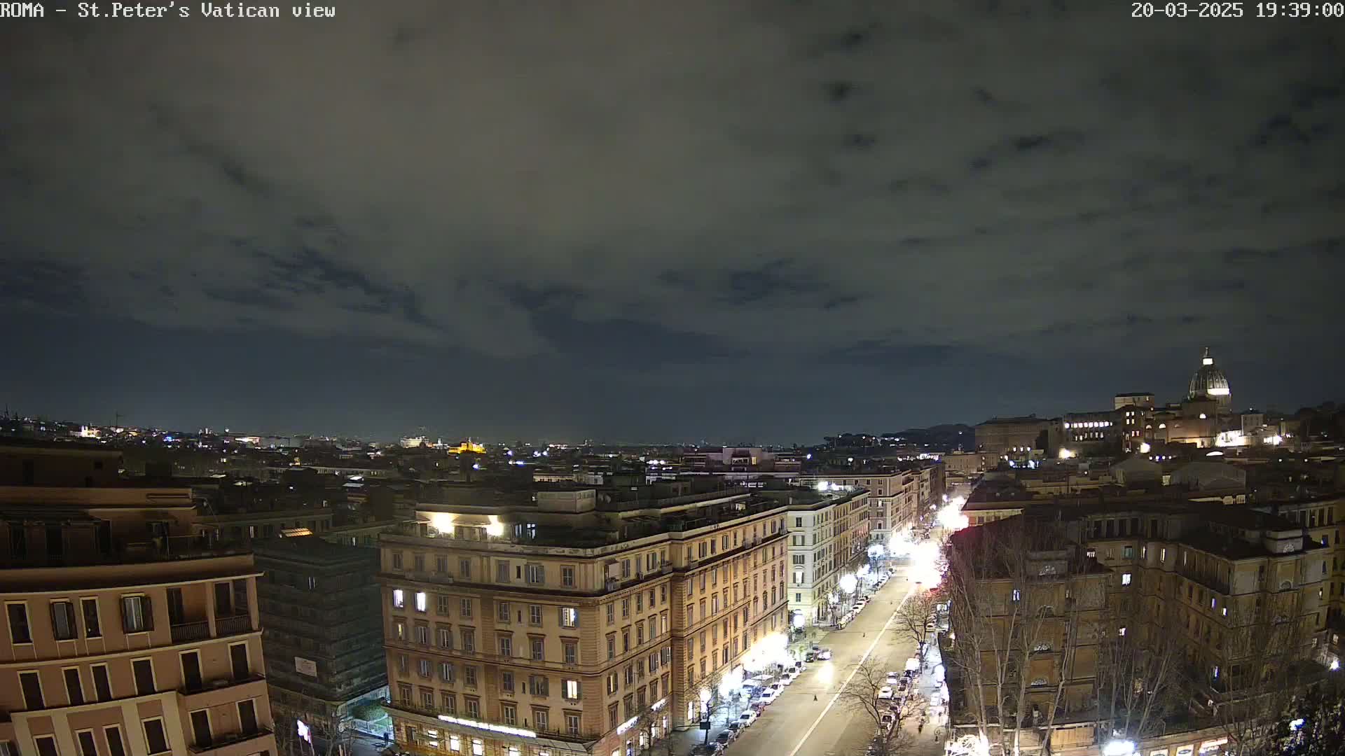 A nighttime cityscape view of Rome, under a mostly cloudy sky, shows a long street lined with buildings and lit by streetlights, with the dome of St. Peter's Basilica visible in the distance.