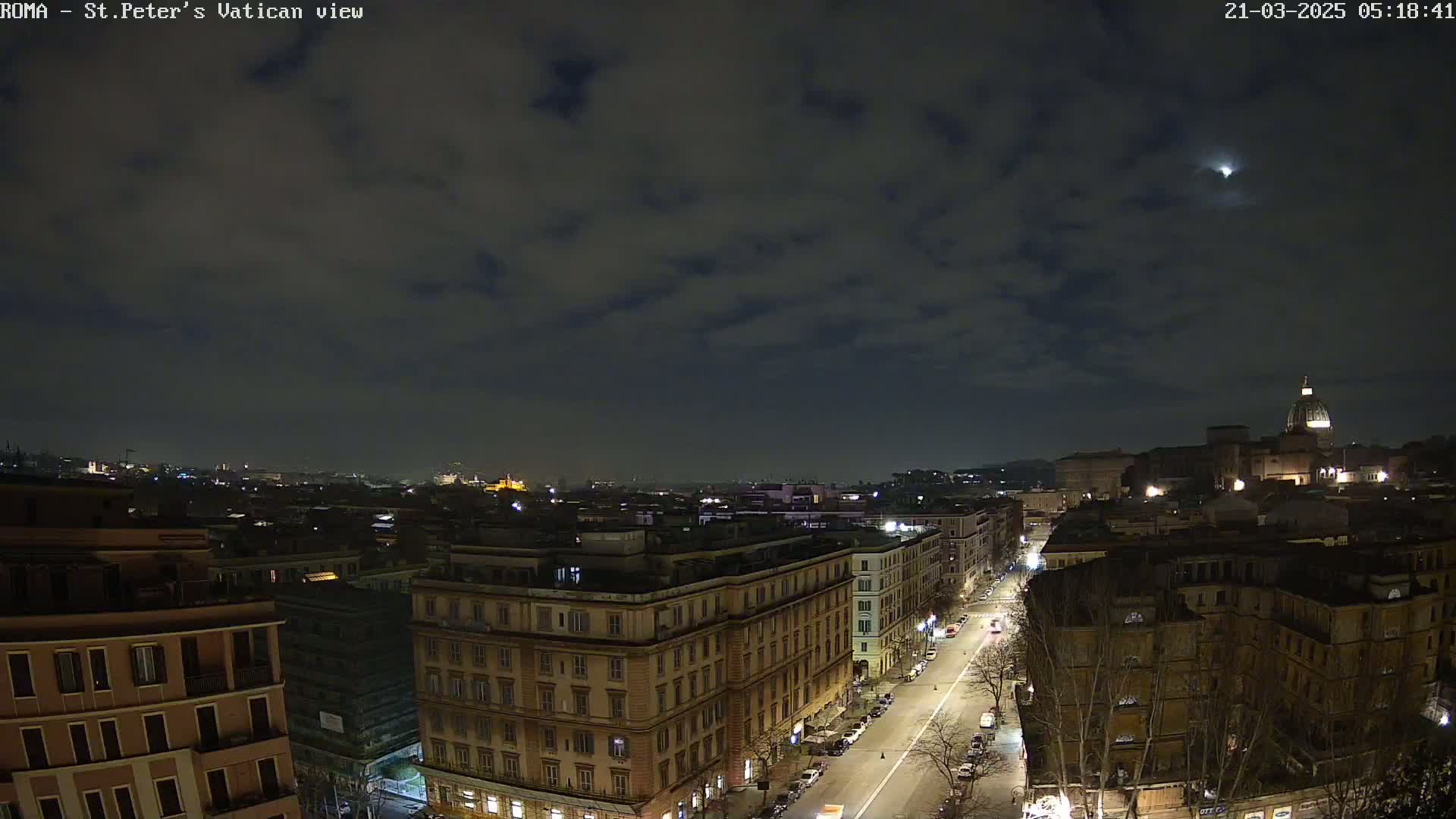 A nighttime view of a city, possibly Rome, under a partly cloudy sky, showing buildings, streets, and distant landmarks.