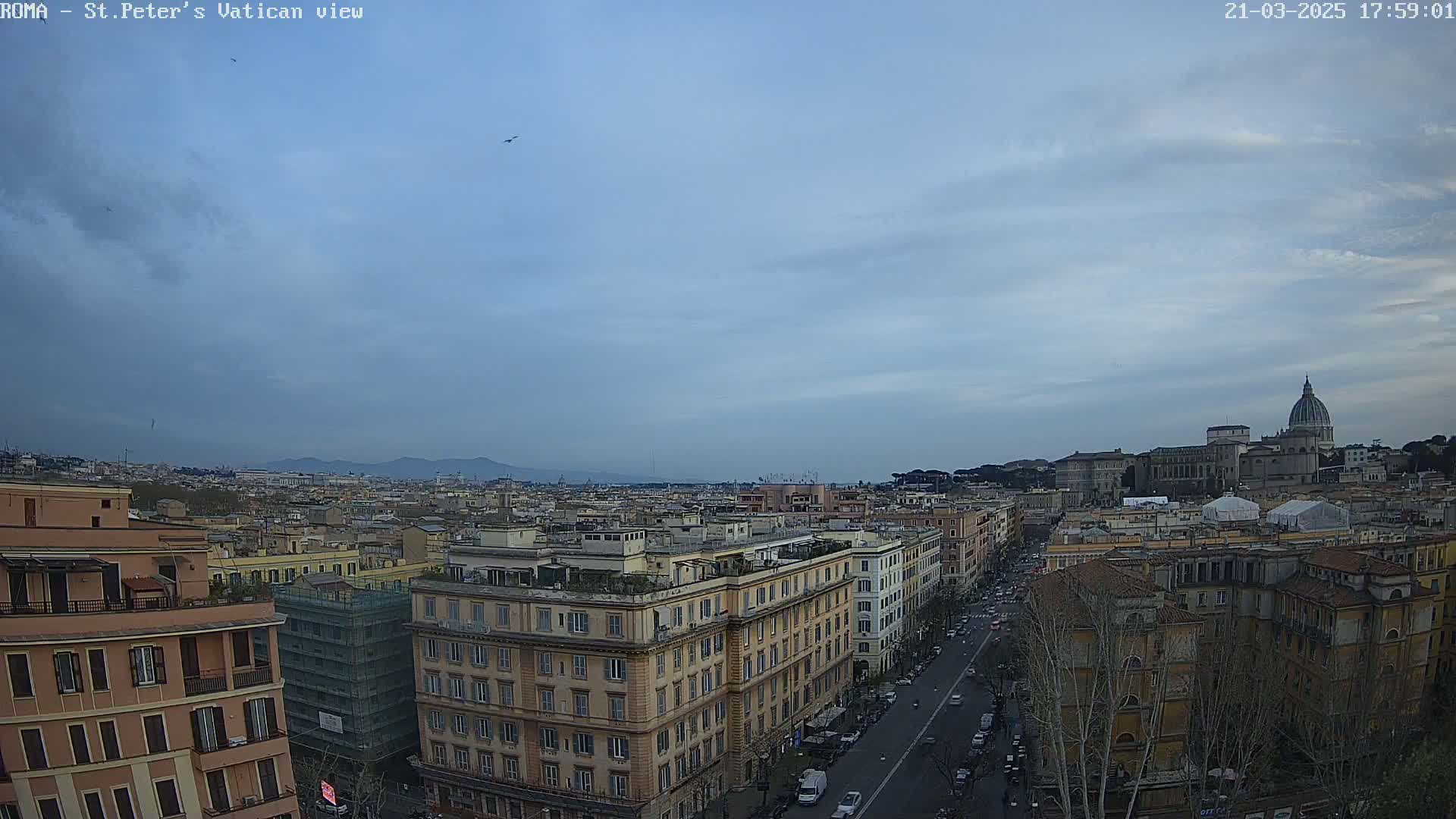 A high-angle view of Rome, Italy, under a mostly cloudy sky, shows a cityscape with St. Peter's Basilica in the distance.