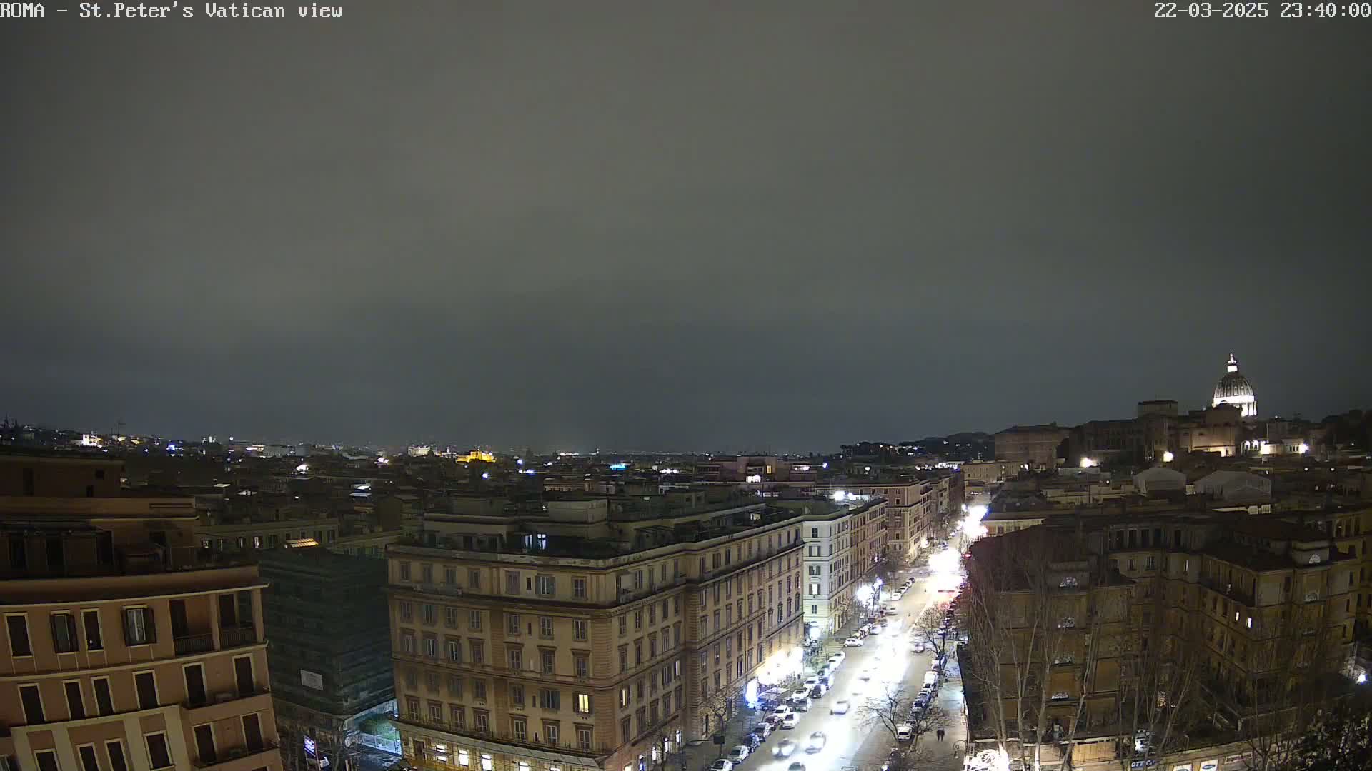 A nighttime aerial view of a city street with buildings, cars, and distant lights under a cloudy sky.