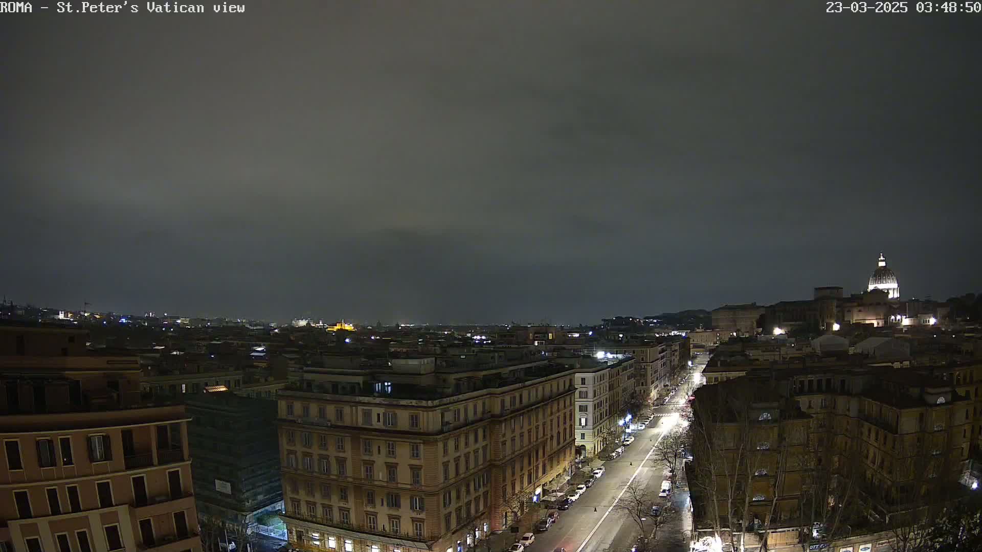 A nighttime, overcast view of a city street, with buildings and the dome of a large structure visible in the distance.