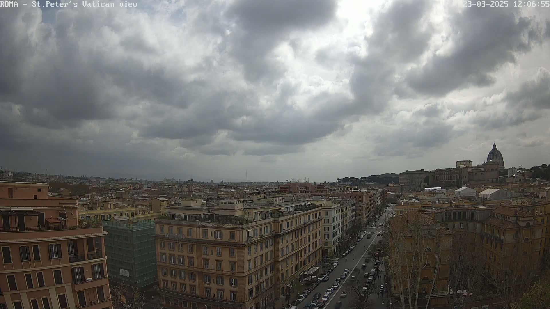 A cityscape under a cloudy sky shows a sprawling urban area with multi-story buildings and a distant dome-topped structure.