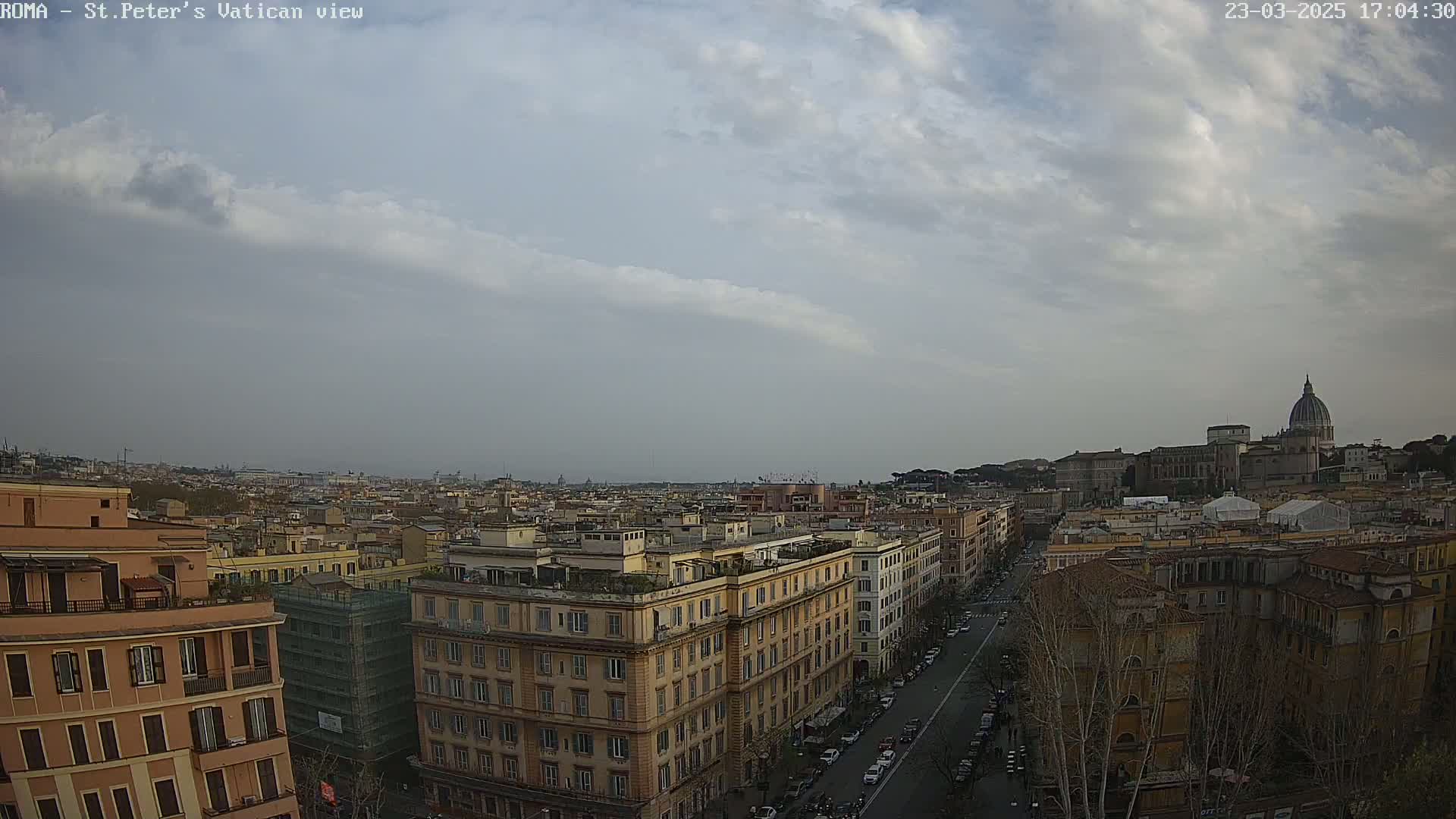 A view of Rome, Italy under a mostly cloudy sky, shows a cityscape with St. Peter's Basilica in the distance.