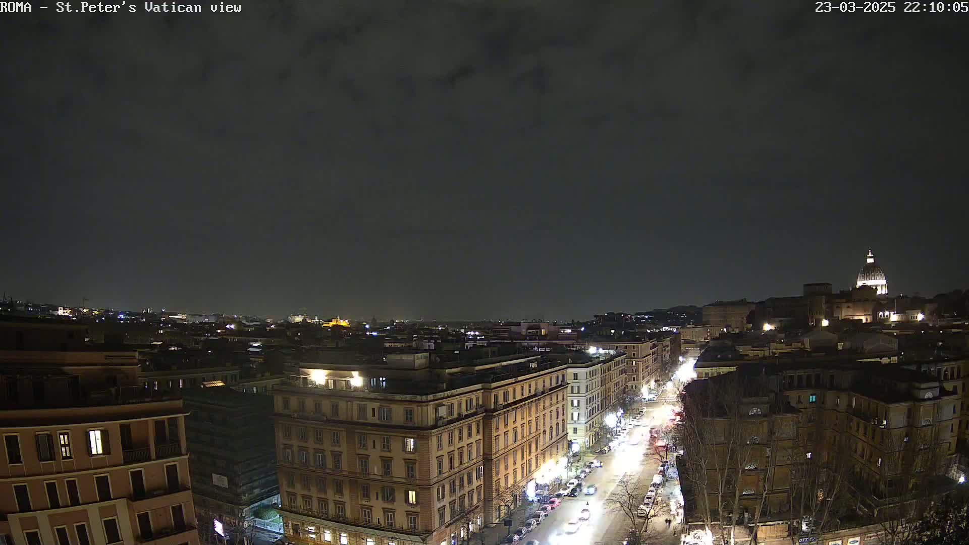 A nighttime view of a city street lined with buildings, with St. Peter's Basilica visible in the distance under a dark, cloudy sky.