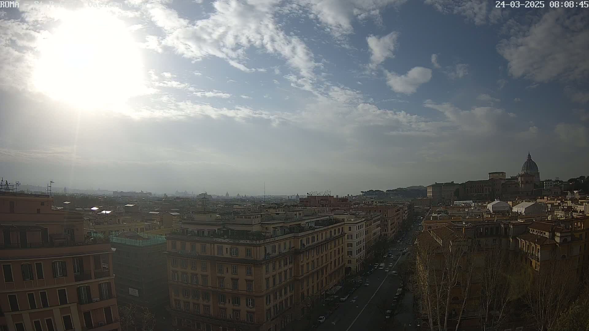 A high-angle, long shot of a city under a partly sunny sky with some clouds shows a cityscape with buildings and a large dome-shaped structure in the distance.