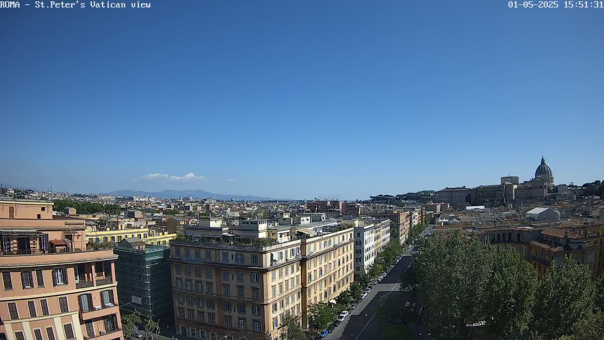 A clear, sunny day overlooks a cityscape of Rome, with St. Peter's Basilica visible in the distance.