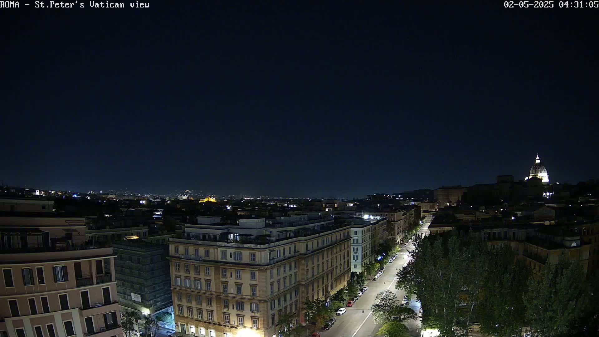 A nighttime view of a city street, lined with buildings, leading towards a dome-topped structure in the distance under a clear, dark sky.