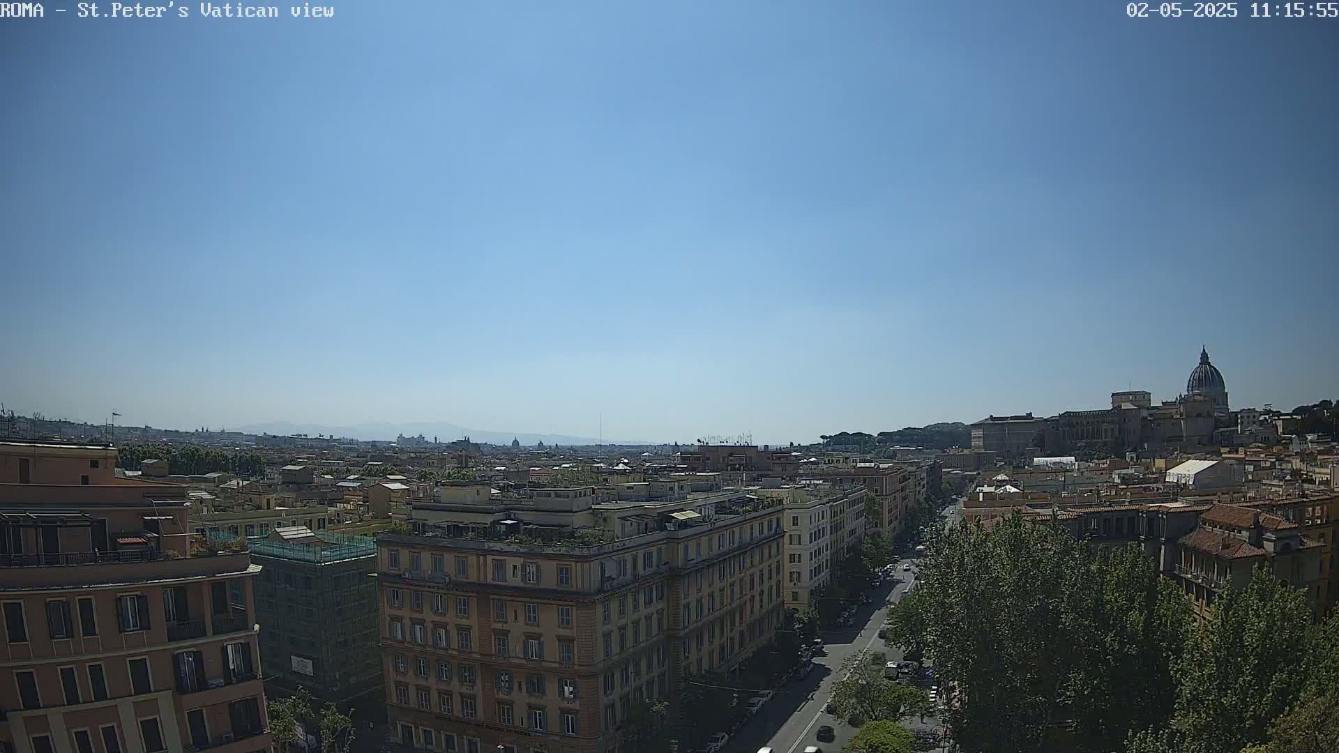 A clear, sunny day reveals a panoramic view of Rome's cityscape, including St. Peter's Basilica in the distance.