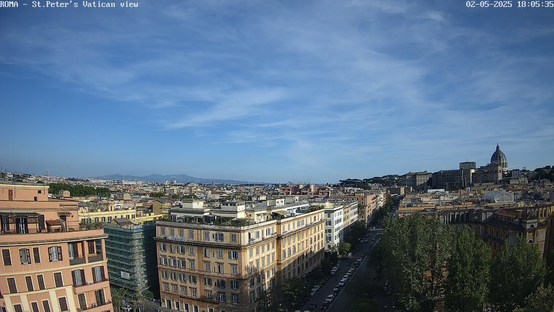 A mostly sunny cityscape view shows Roman buildings, a tree-lined street, and the dome of St. Peter's Basilica in the distance.