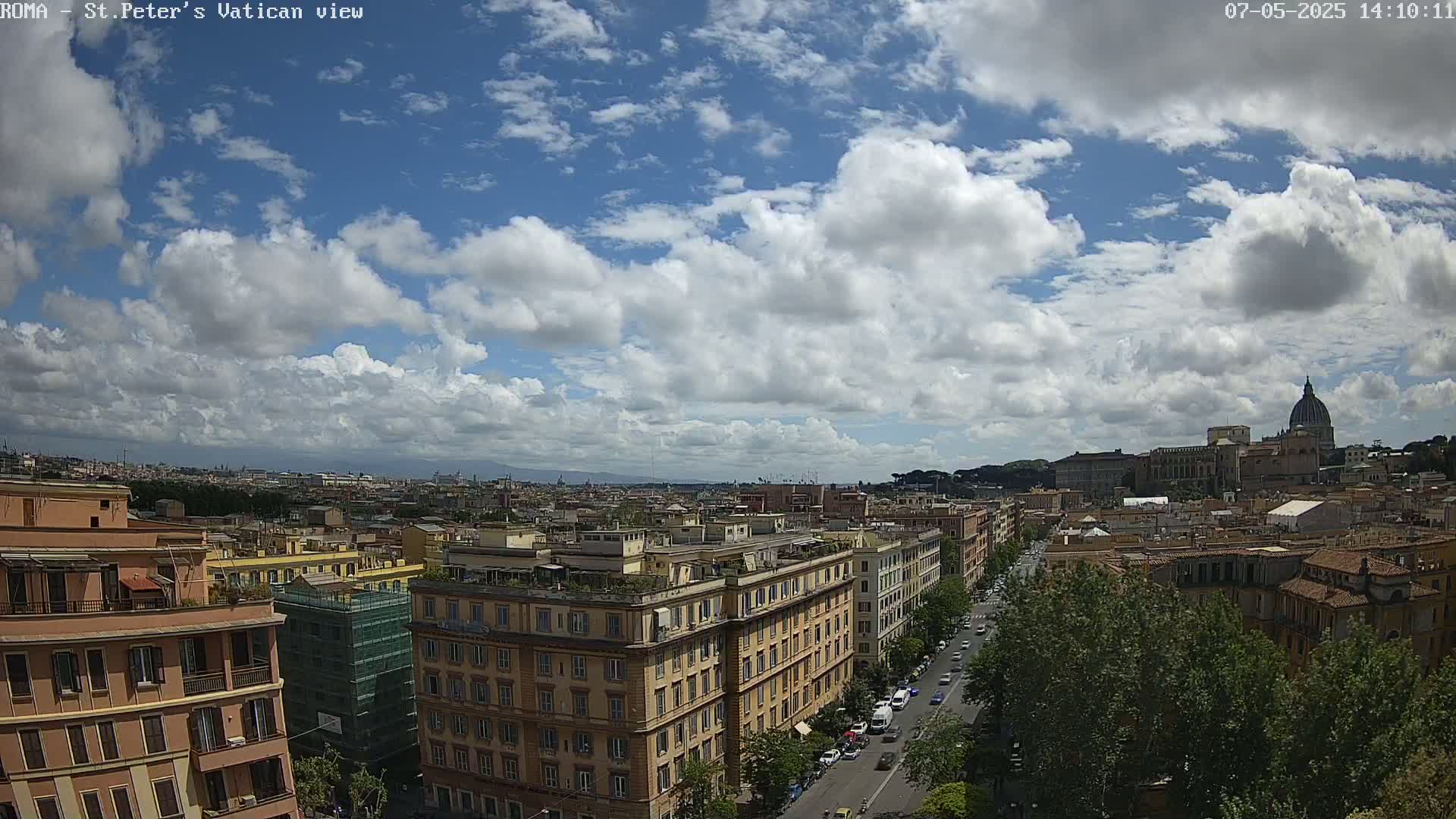 A partly cloudy sky overlooks a cityscape of mostly tan buildings, a street with cars, and green trees, with the dome of St. Peter's Basilica visible in the distance.