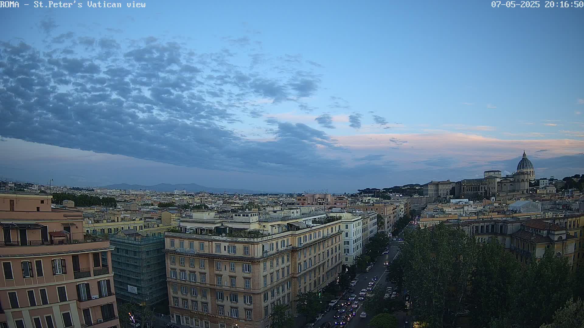 A cityscape at dusk under a mostly cloudy sky shows numerous buildings, a road with traffic, and a distant view of St. Peter's Basilica.