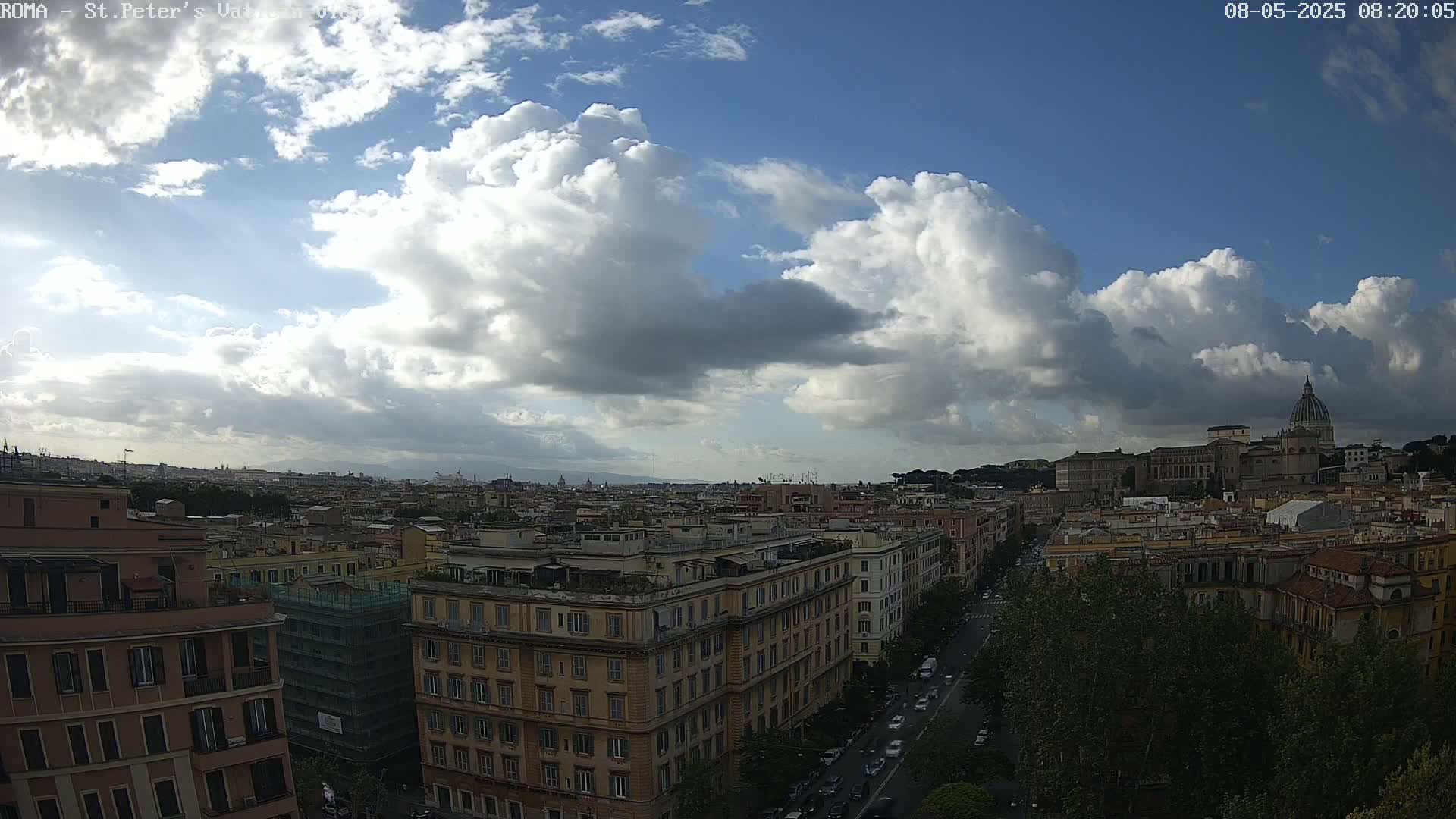 A partly cloudy sky overlooks a cityscape with a large basilica in the distance.