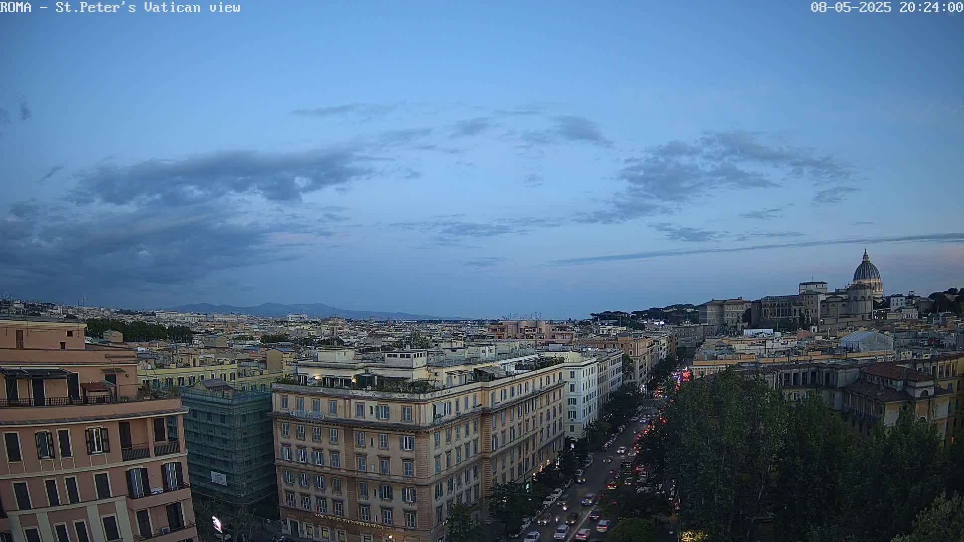 A twilight view of Rome, Italy, shows a cityscape with the St. Peter's Basilica dome in the distance under a partly cloudy sky.