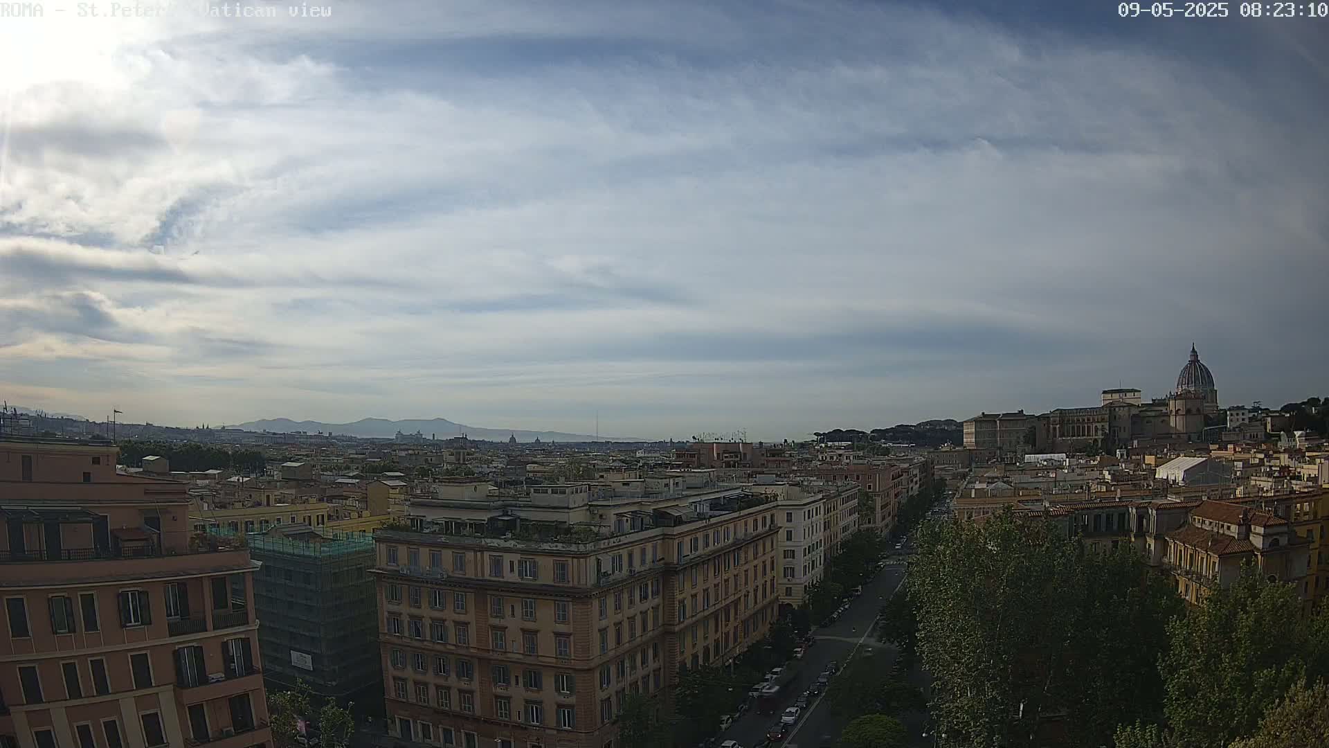 A partly cloudy sky overlooks a cityscape of Roman buildings and St. Peter's Basilica in the distance.