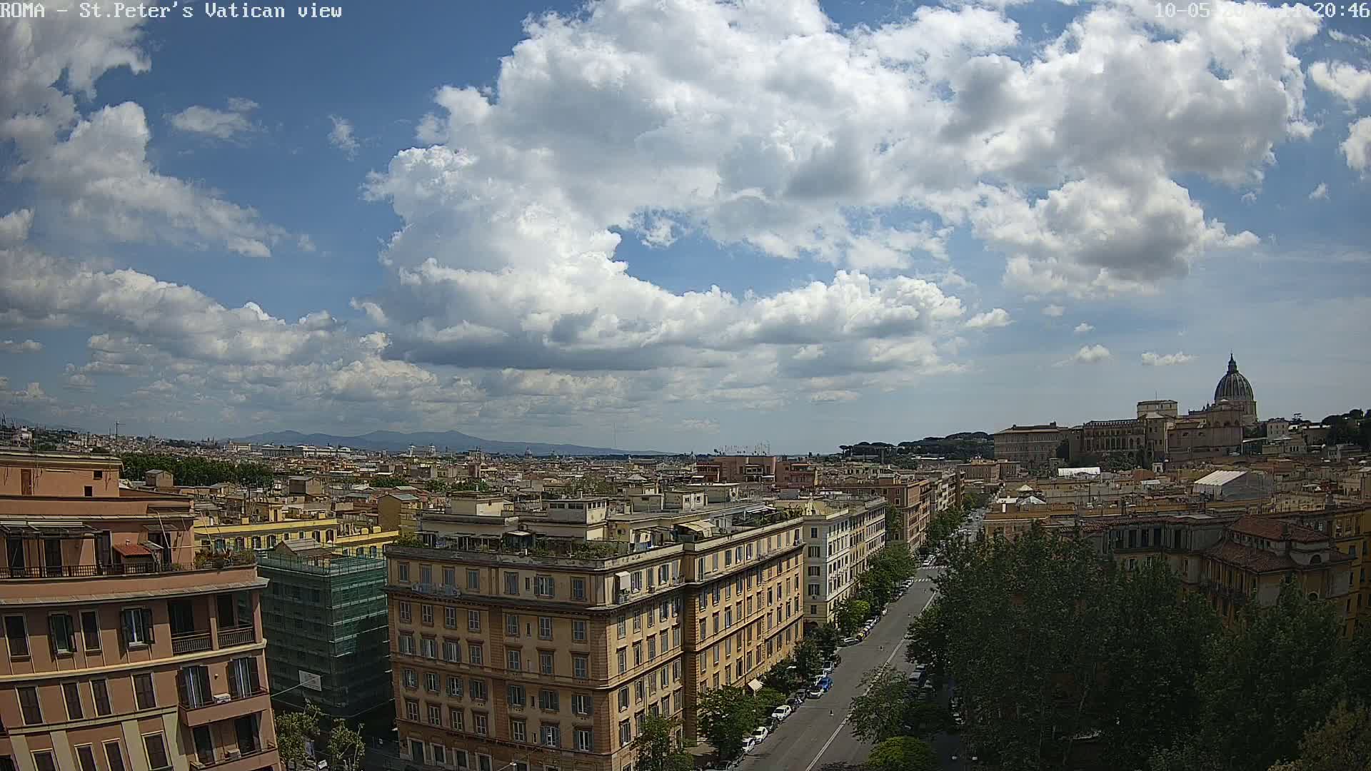 A partly cloudy sky overlooks a cityscape of Roman buildings, a street, and trees, with a distant dome visible in the background.