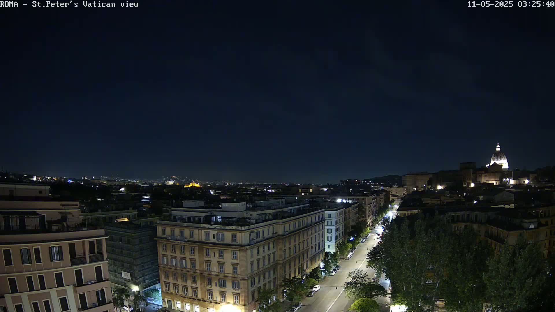 A nighttime, high-angle view of a city street lined with buildings, with St. Peter's Basilica visible in the distance under a clear, dark sky.