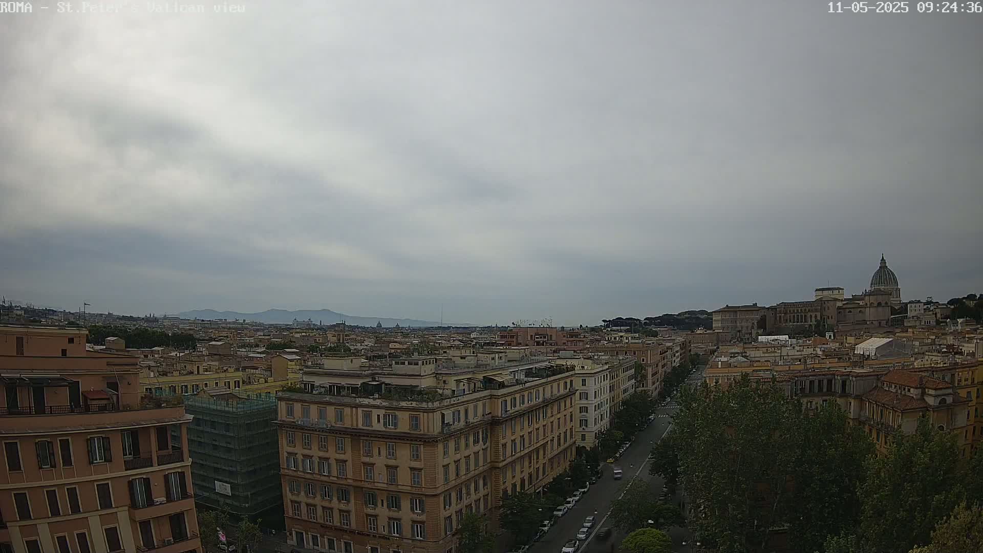 A high-angle, long shot of a city under an overcast sky shows buildings, a street with cars, and a large domed building in the distance.