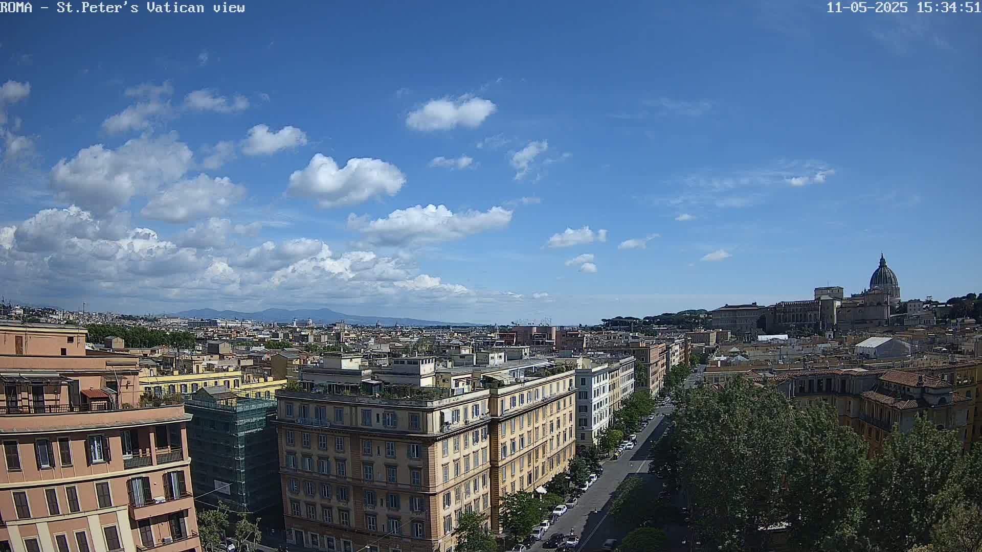 A partly cloudy blue sky overlooks a cityscape with St. Peter's Basilica visible in the distance.
