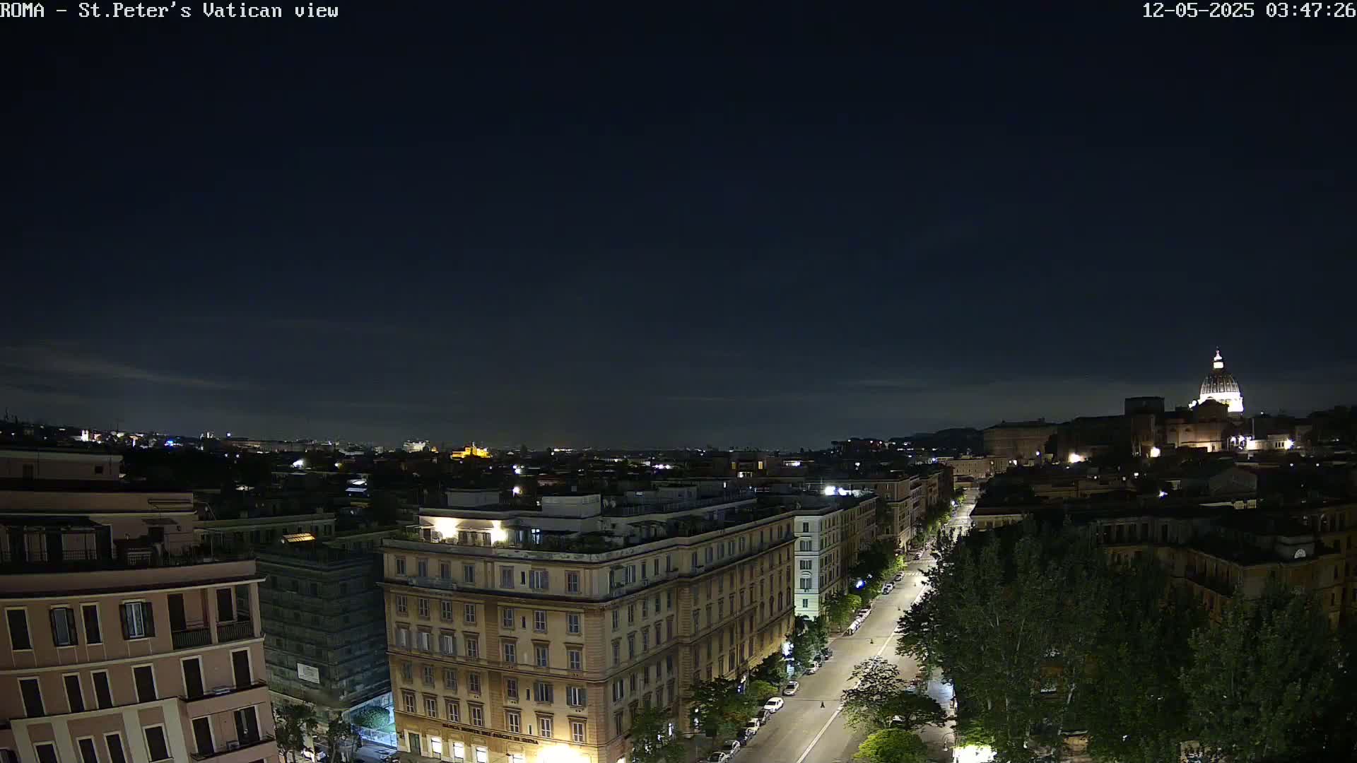 A nighttime cityscape view of Rome, Italy, shows a street lined with buildings under a dark, mostly clear sky, with the dome of St. Peter's Basilica visible in the distance.