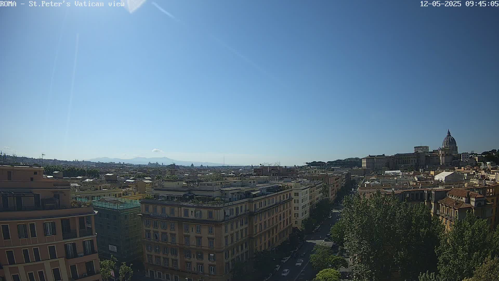 A sunny, clear day reveals a panoramic view of Rome, showcasing a cityscape of buildings, trees, and in the distance, St. Peter's Basilica.