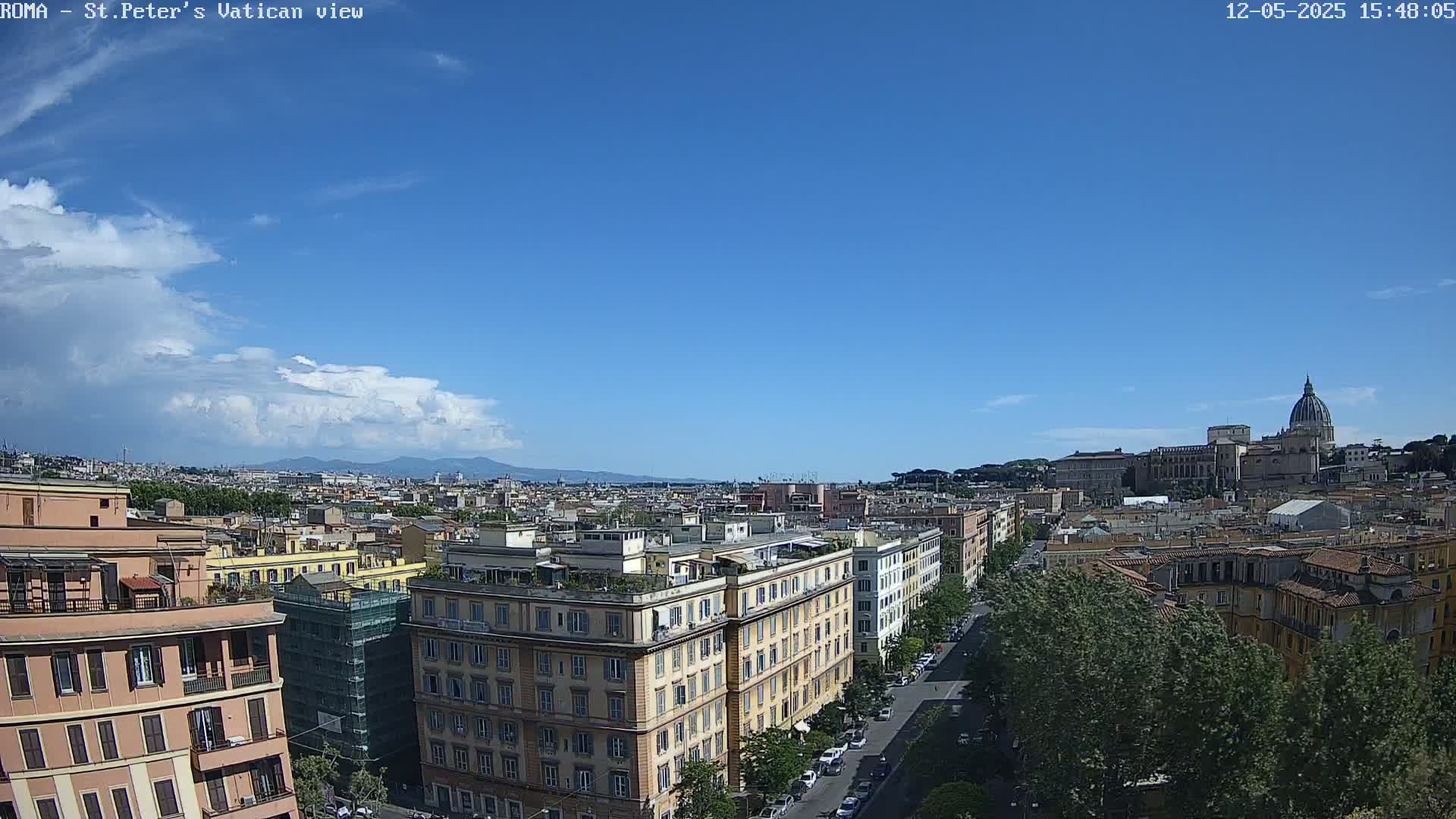 A mostly sunny cityscape view shows many buildings, a street with cars, and the dome of St. Peter's Basilica in the distance under a mostly clear blue sky with some clouds.