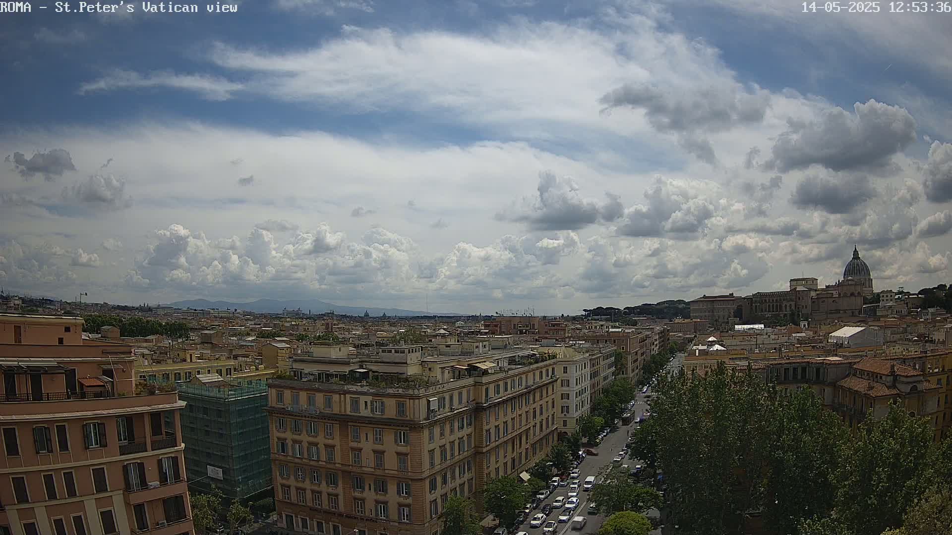 A partly cloudy sky overlooks a cityscape of Roman buildings and streets, with the dome of St. Peter's Basilica visible in the distance.