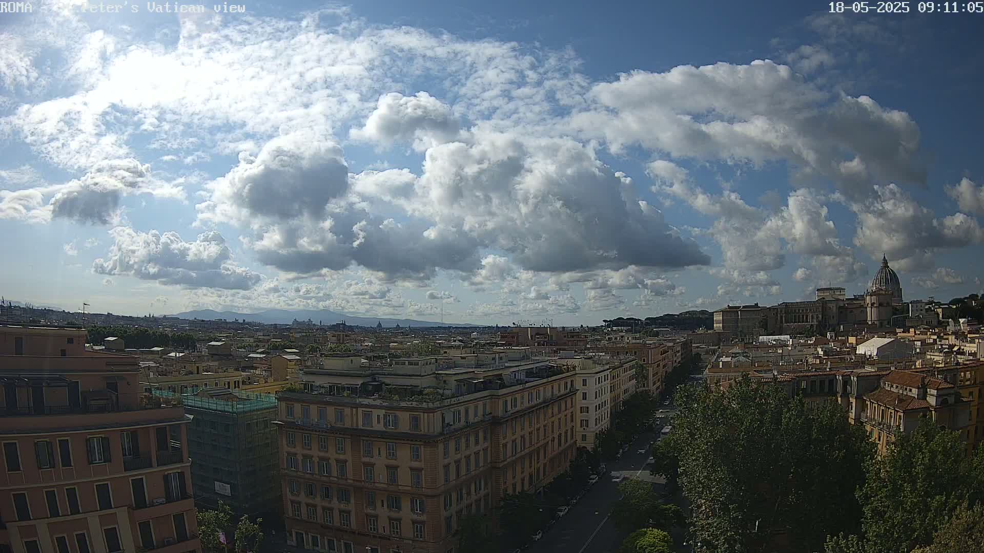 A partly cloudy sky overlooks a cityscape with a large domed building in the distance.