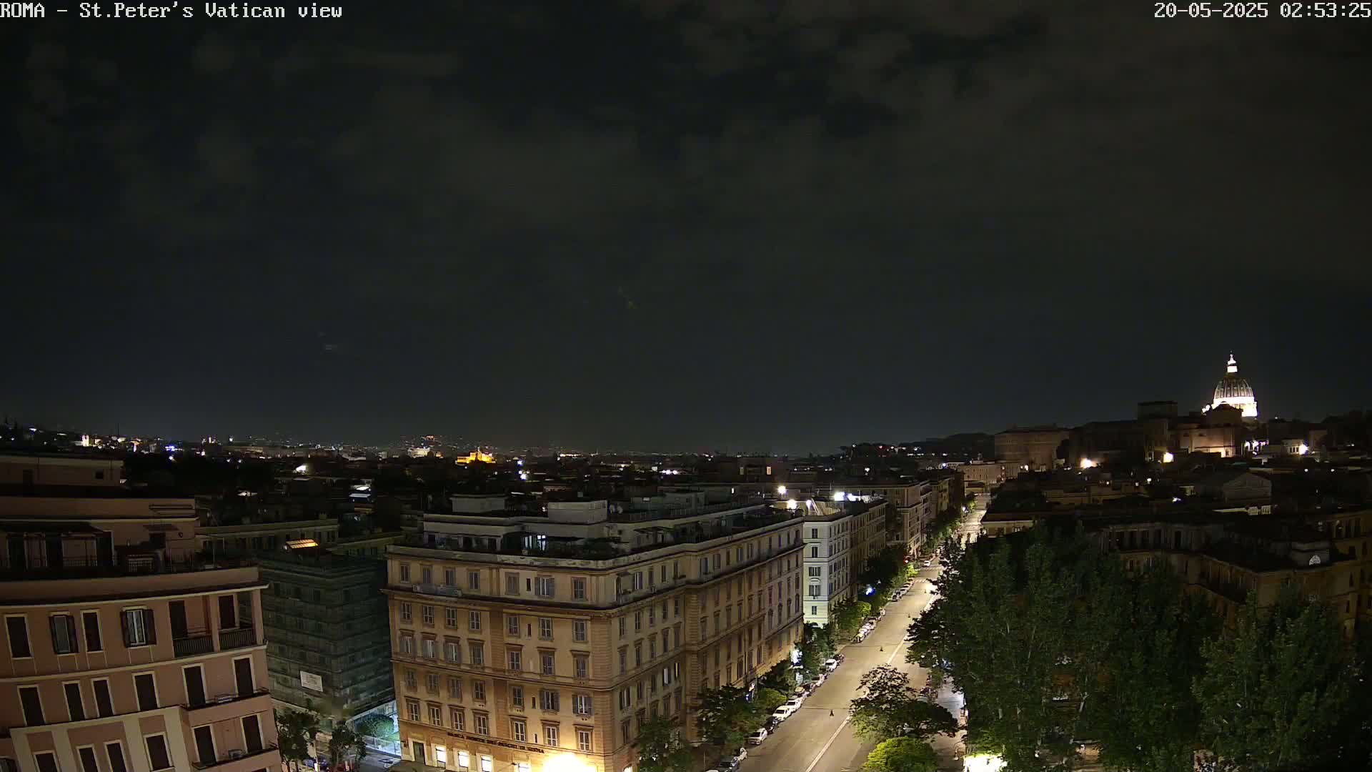 A nighttime view of a city street with buildings and trees, under a dark, cloudy sky, showing the dome of St. Peter's Basilica in the distance.