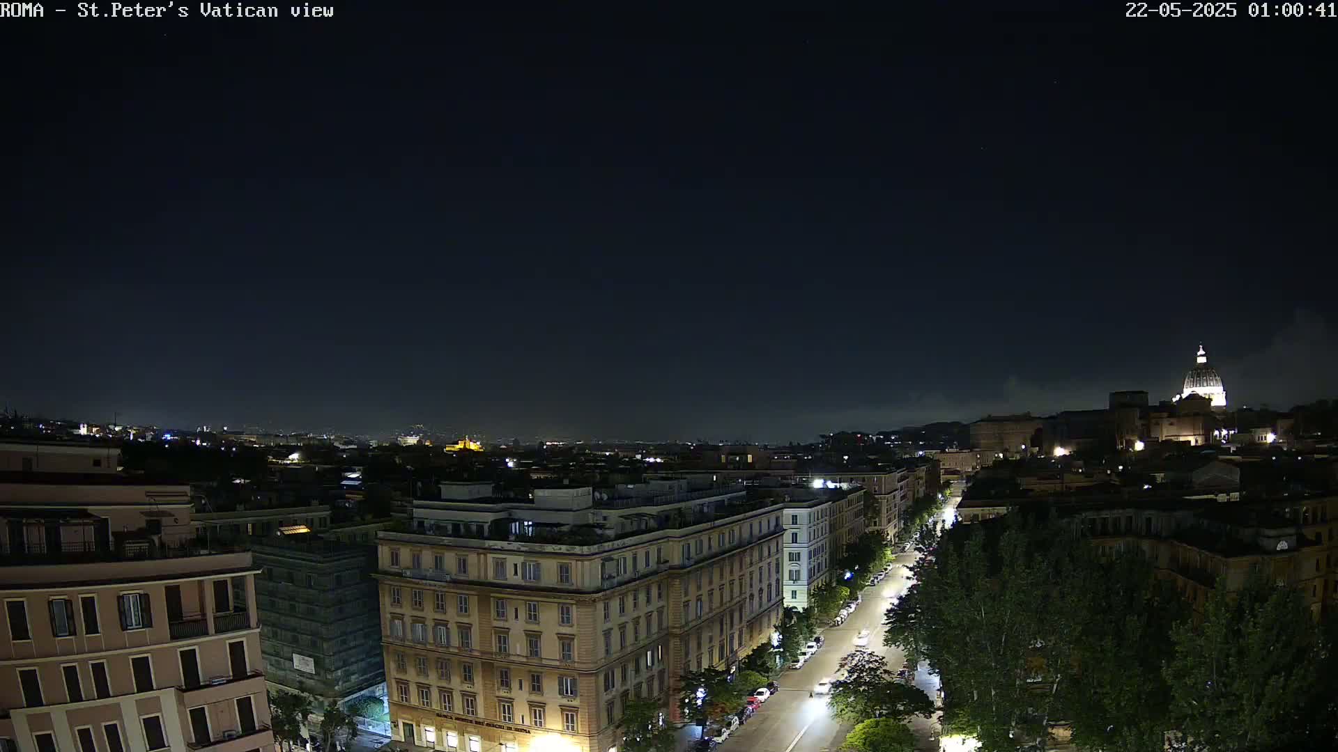 A nighttime cityscape shows a long street lined with trees and buildings, with the dome of St. Peter's Basilica visible in the distance under a dark, clear sky.