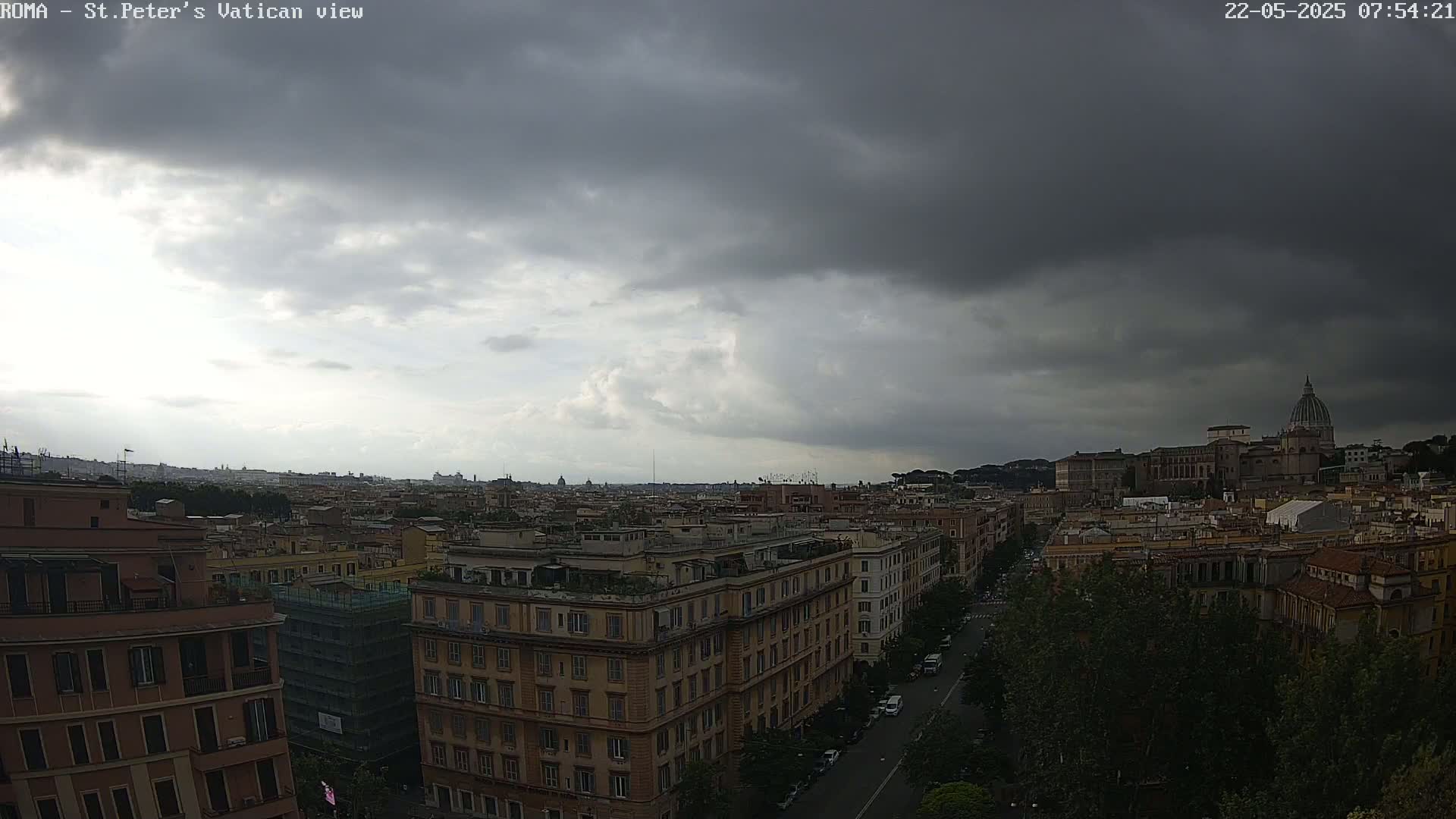A panoramic view of Rome under a dark, cloudy sky shows a cityscape with St. Peter's Basilica in the distance.
