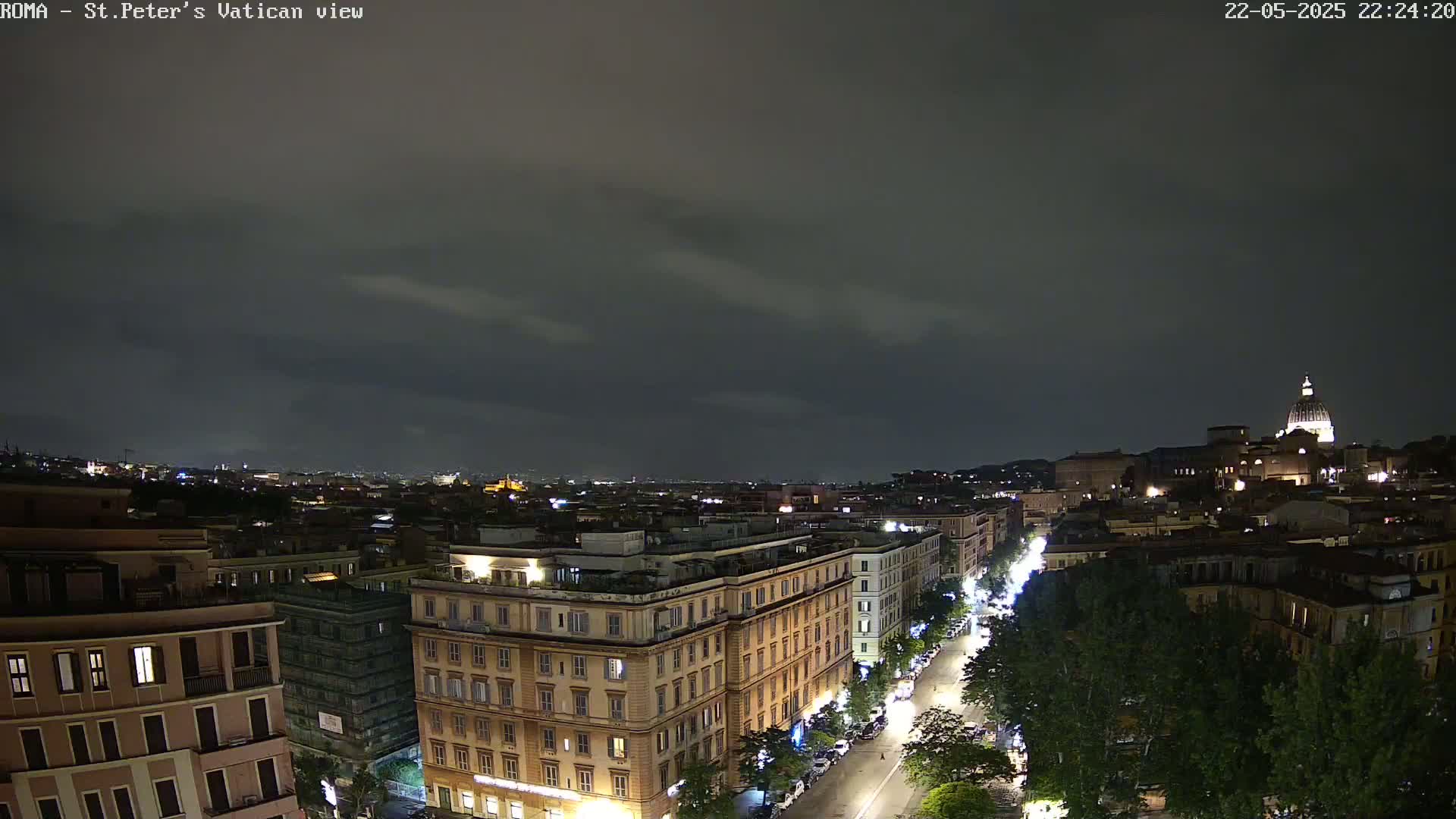 A nighttime aerial view of a city street illuminated by streetlights, with buildings and trees lining the road, and a large dome-shaped structure visible in the distance under a dark, cloudy sky.