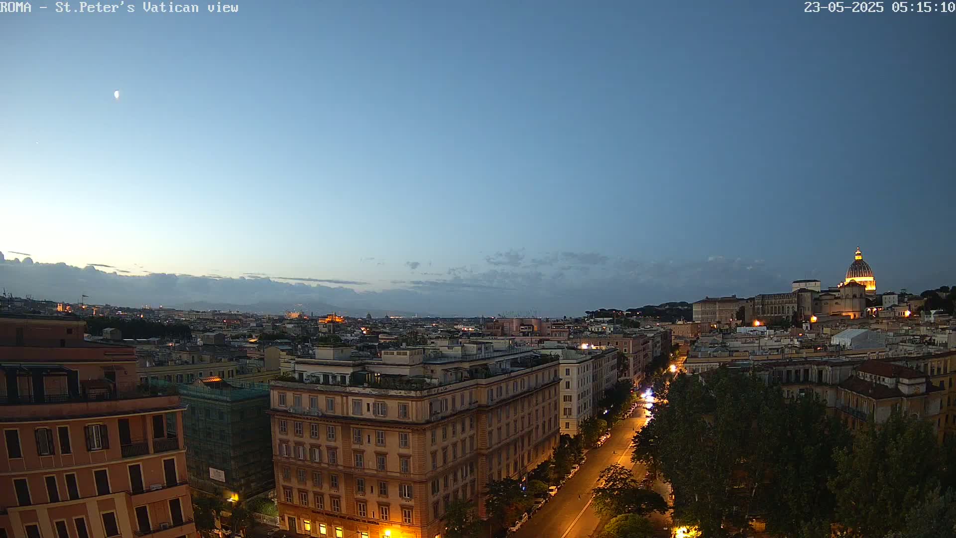 A twilight cityscape view of Rome, Italy, showing city buildings and streets illuminated at night, with the dome of St. Peter's Basilica visible in the distance under a mostly clear sky.