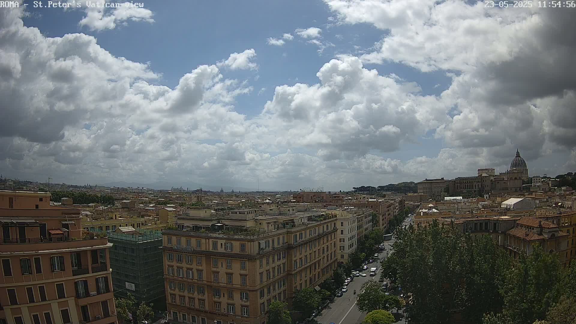 A partly cloudy sky overlooks a sprawling cityscape of Rome, featuring multi-story buildings and the dome of St. Peter's Basilica in the distance.