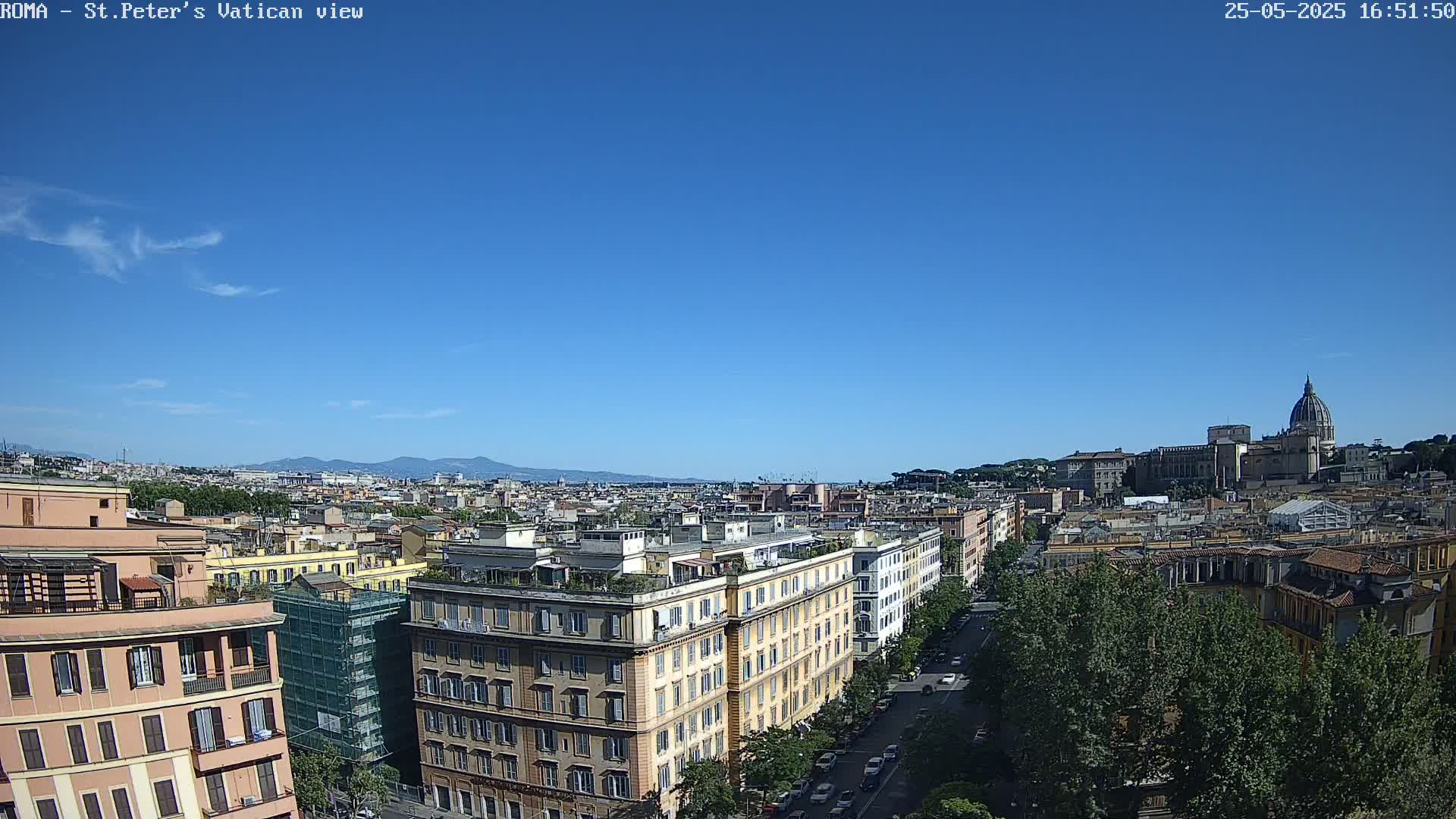 A panoramic view of Rome on a clear, sunny day shows a cityscape of buildings, with St. Peter's Basilica visible in the distance.