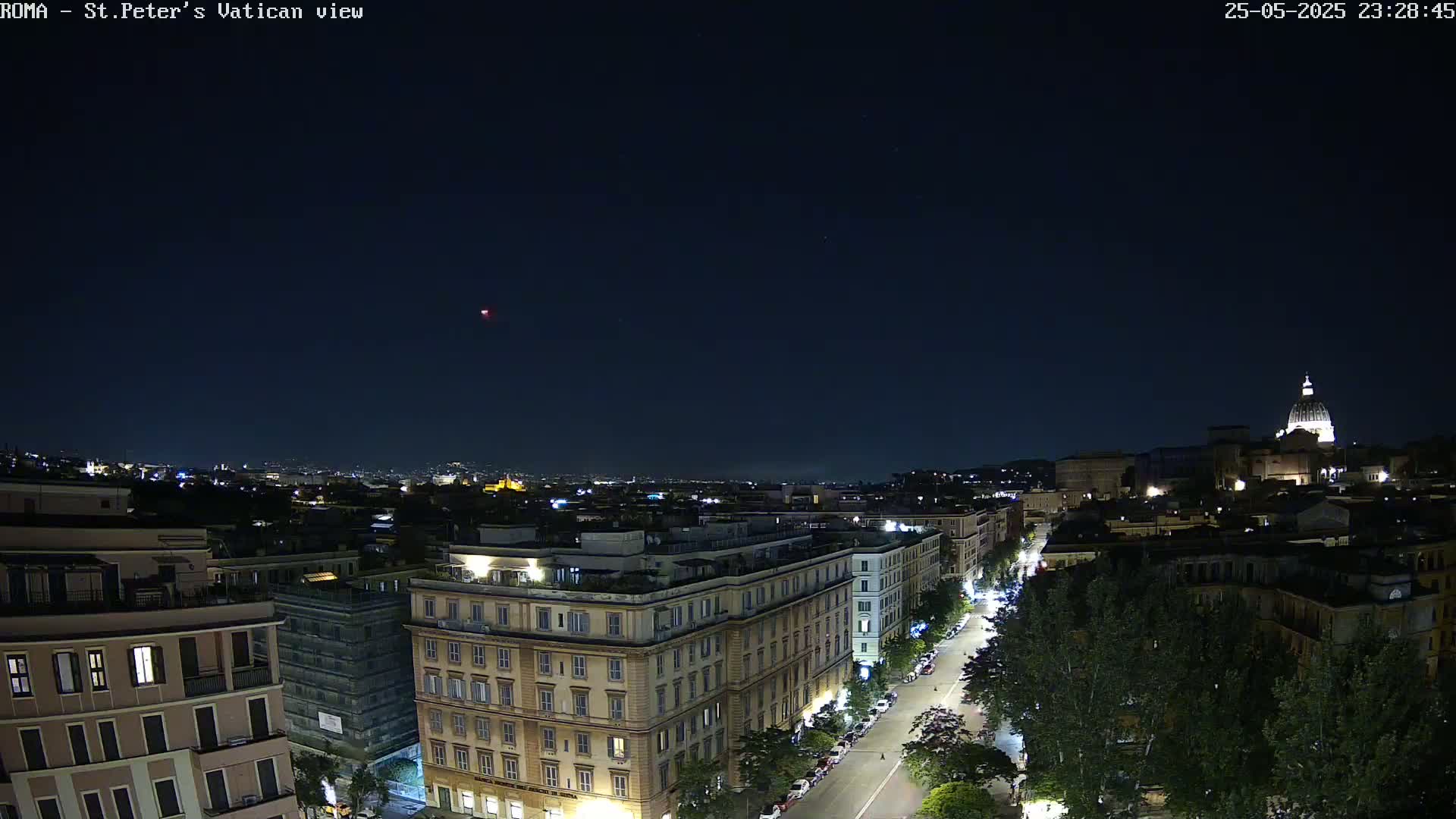 A nighttime, high-angle view of a city street lined with buildings, trees, and parked cars, with a distant dome-shaped structure visible under a clear, dark sky.