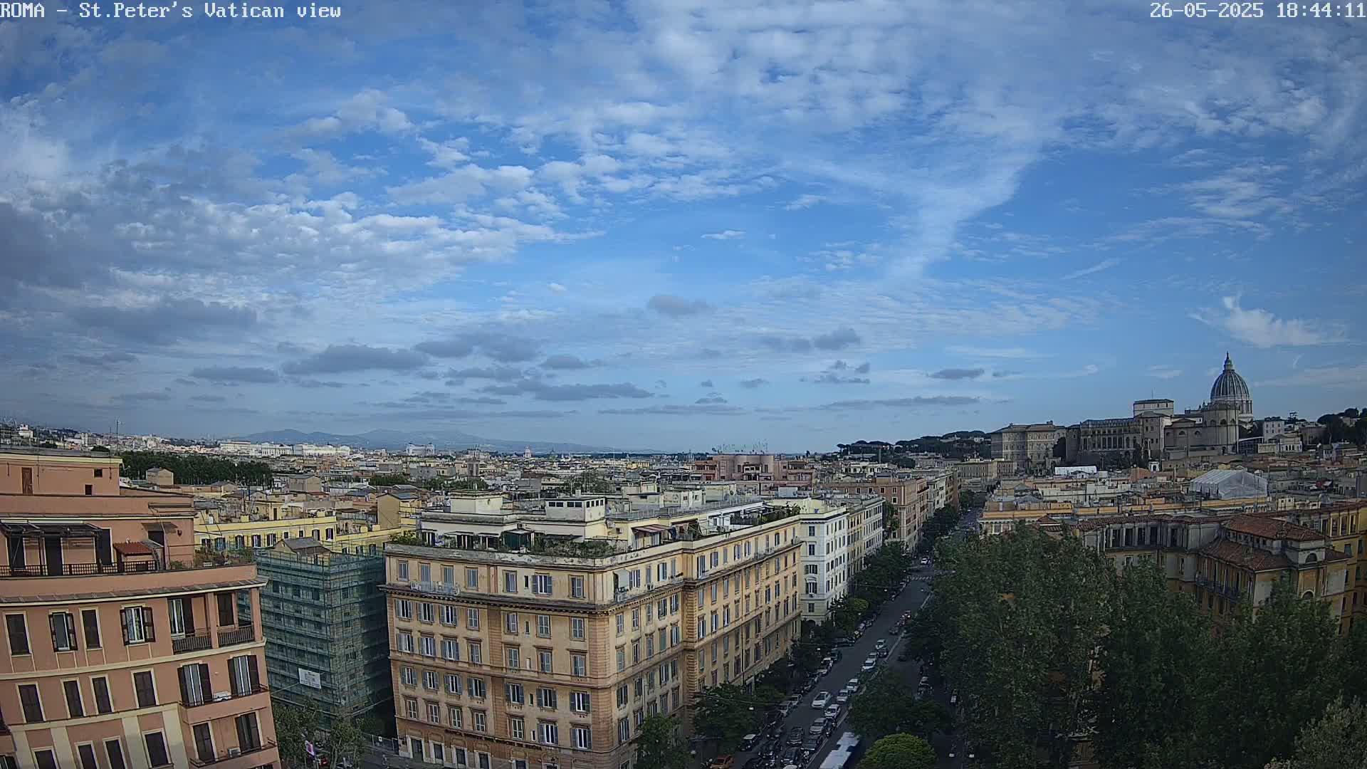A partly cloudy sky overlooks a cityscape of Rome, Italy, with St. Peter's Basilica visible in the distance.